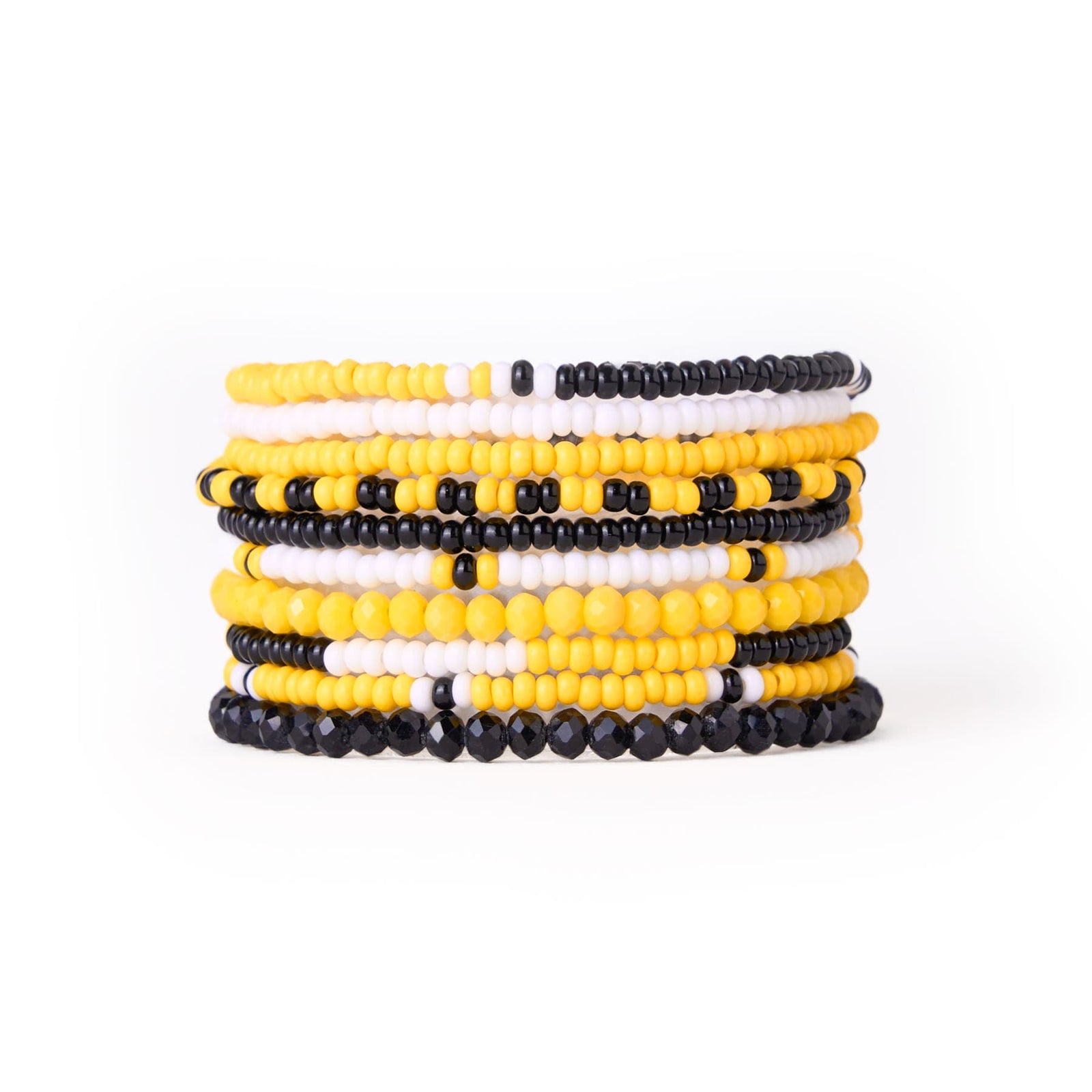Game Day Color Block Beaded 10 Strand Stretch Bracelet Set Black and Yellow Wholesale