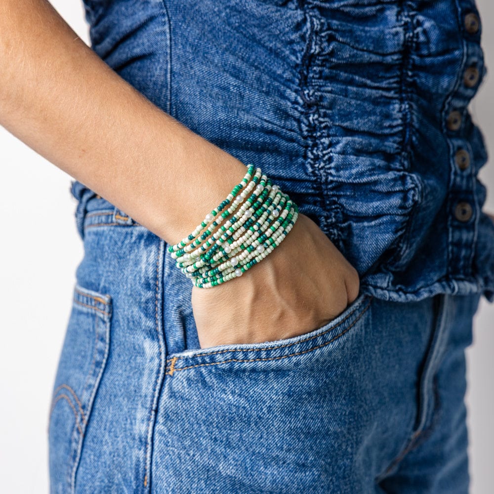 Sage Confetti Beaded 10 Strand Stretch Bracelets Green