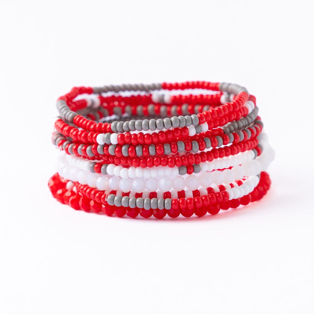 Game Day Beaded 10 Strand Stretch Bracelet Set Scarlet + Gray Wholesale