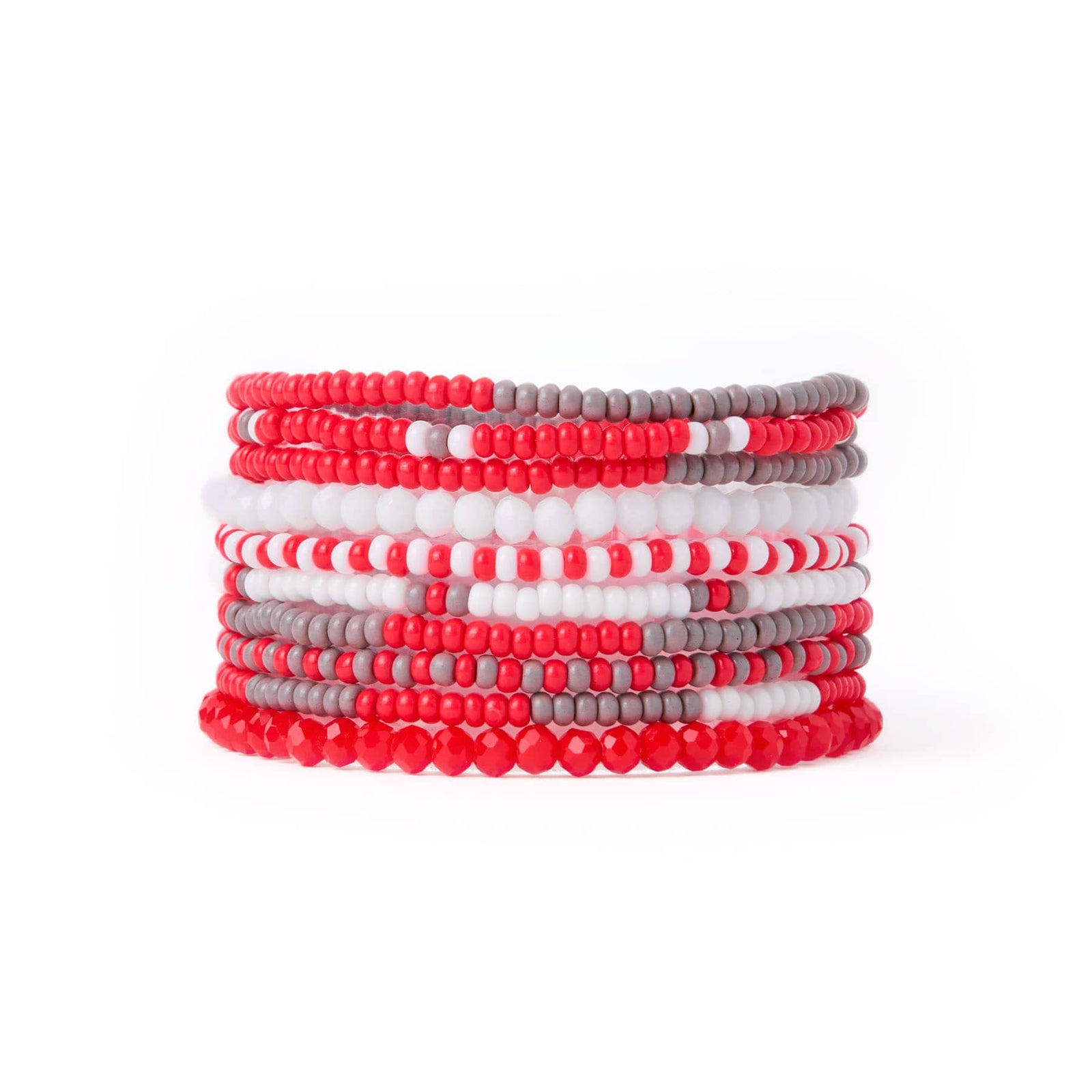 Game Day Beaded 10 Strand Stretch Bracelet Set Scarlet + Gray Wholesale