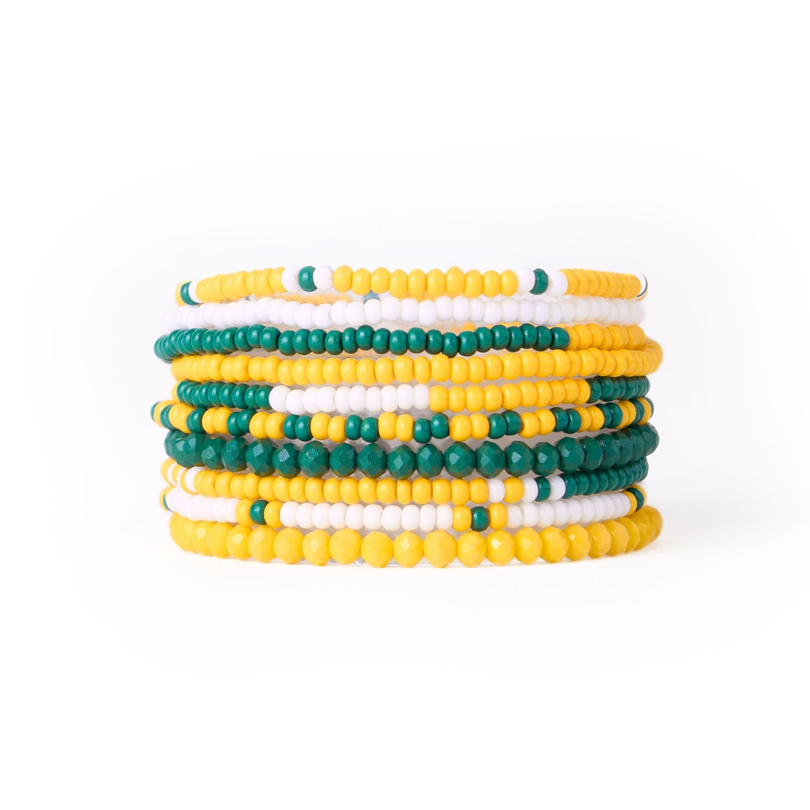 Game Day Color Block Beaded 10 Strand Stretch Bracelet Set Green and Yellow Wholesale