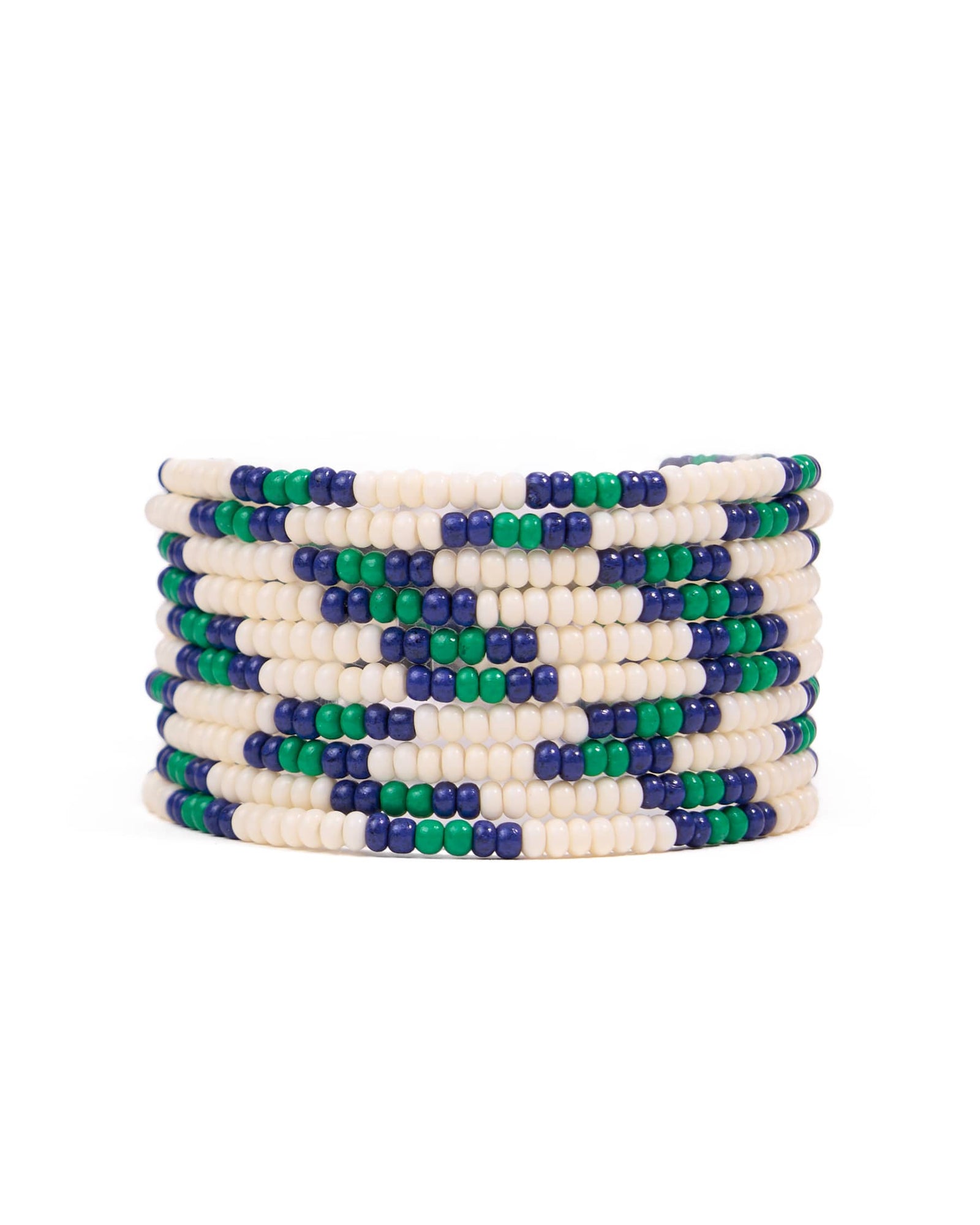 Sage Beaded 10 Strand Stretch Bracelets Ivory, Navy, + Kelly Green