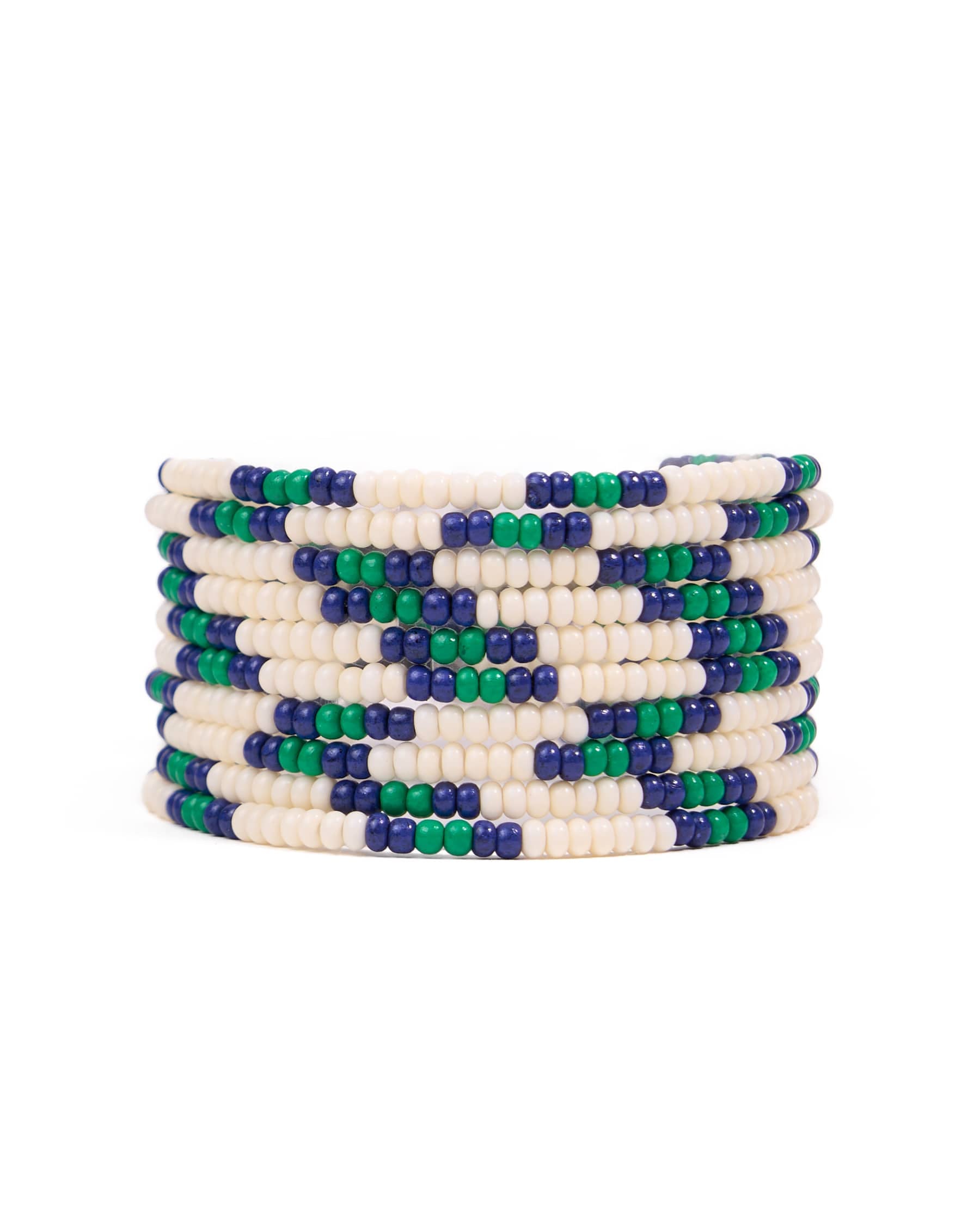 Sage Beaded 10 Strand Stretch Bracelets Ivory, Navy, + Kelly Green