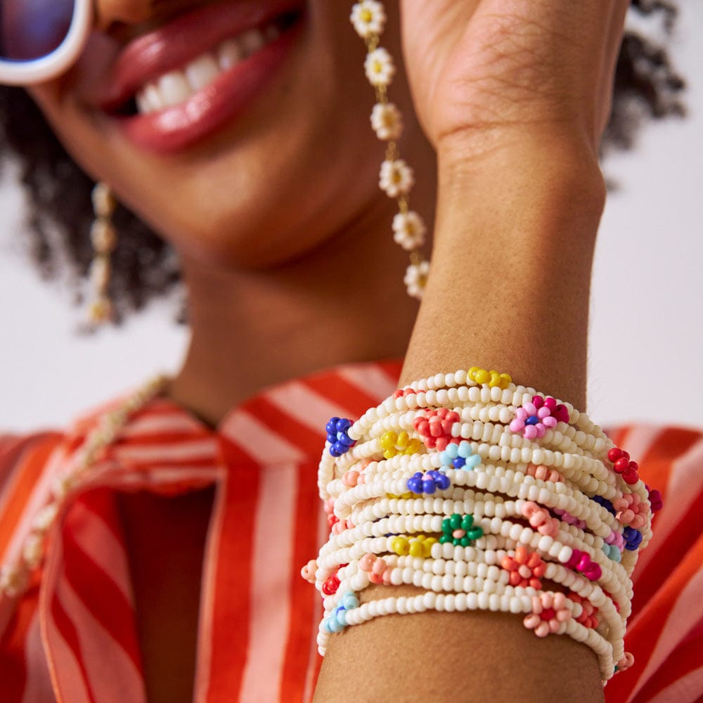 Sage Multi-Color Flower Beaded 10 Strand Stretch Bracelets Ivory  Wholesale