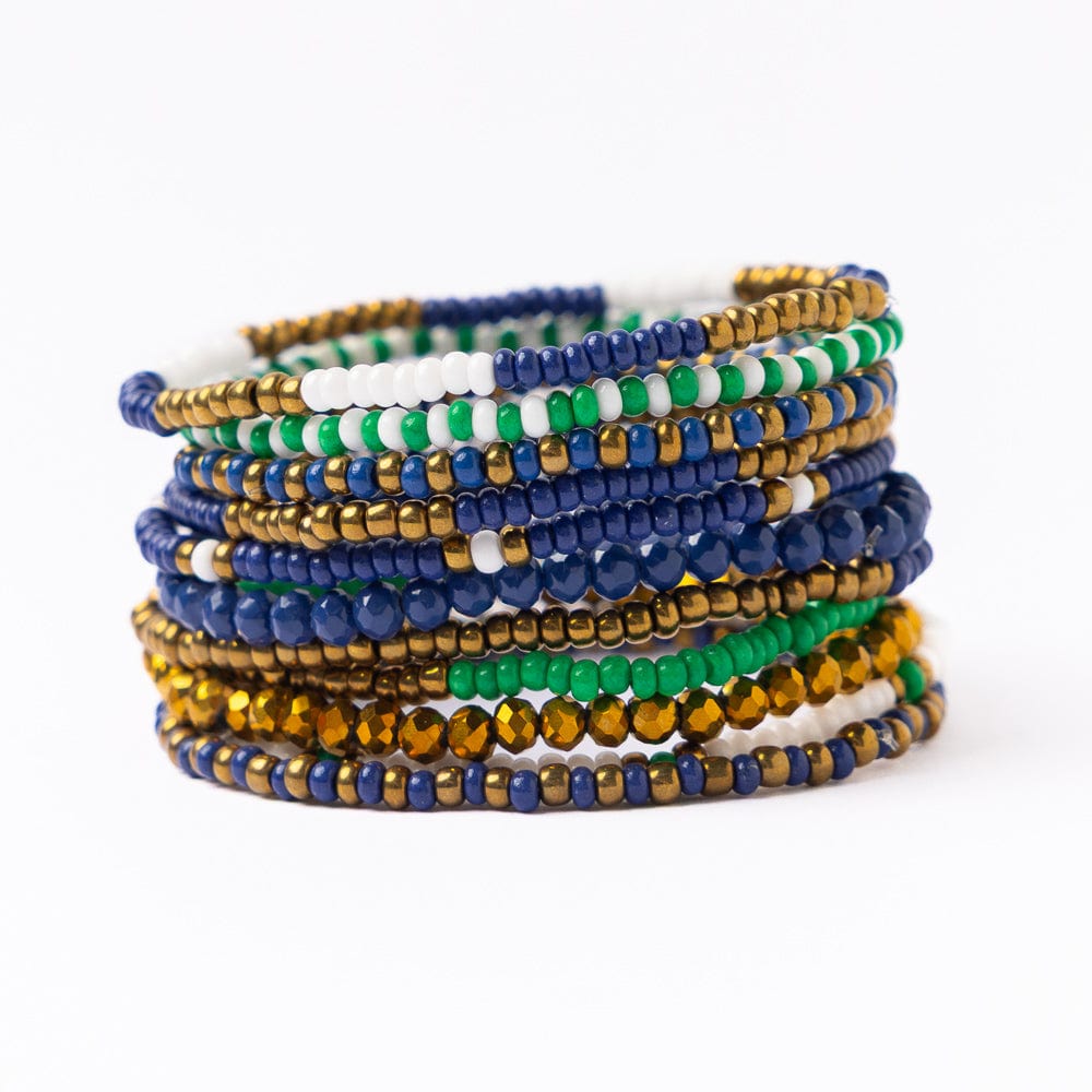 Game Day Beaded 10 Strand Stretch Bracelet Set Blue, Gold, + Green Wholesale