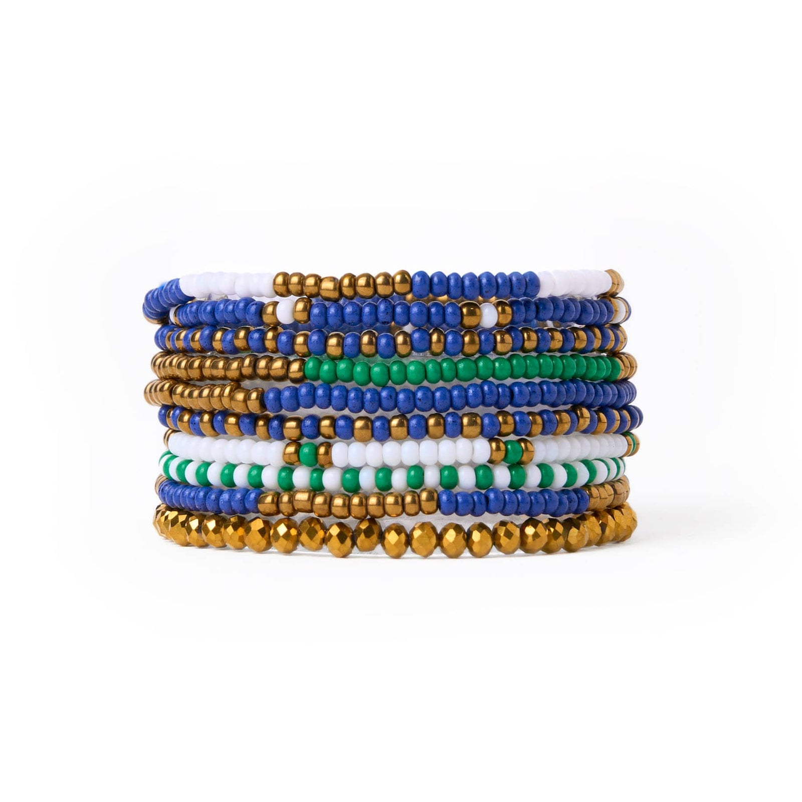 Game Day Beaded 10 Strand Stretch Bracelet Set Blue, Gold, + Green Wholesale