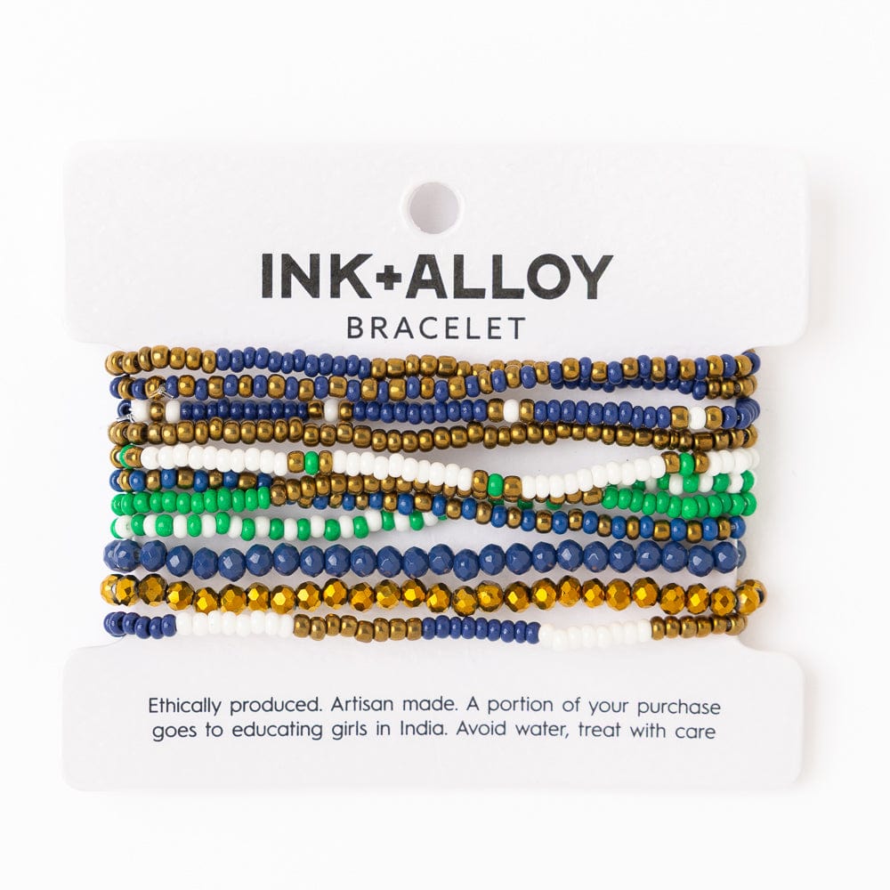 Game Day Beaded 10 Strand Stretch Bracelet Set Blue, Gold, + Green Wholesale