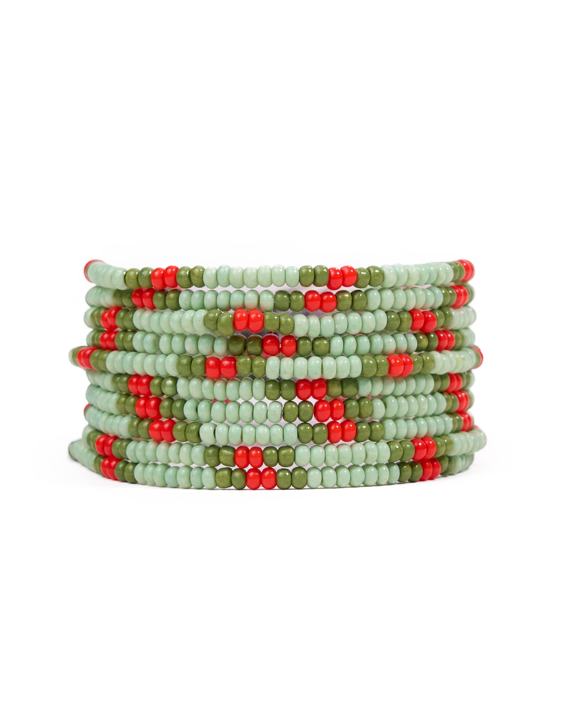 Sage Beaded 10 Strand Stretch Bracelets Olive, Mint, + Red