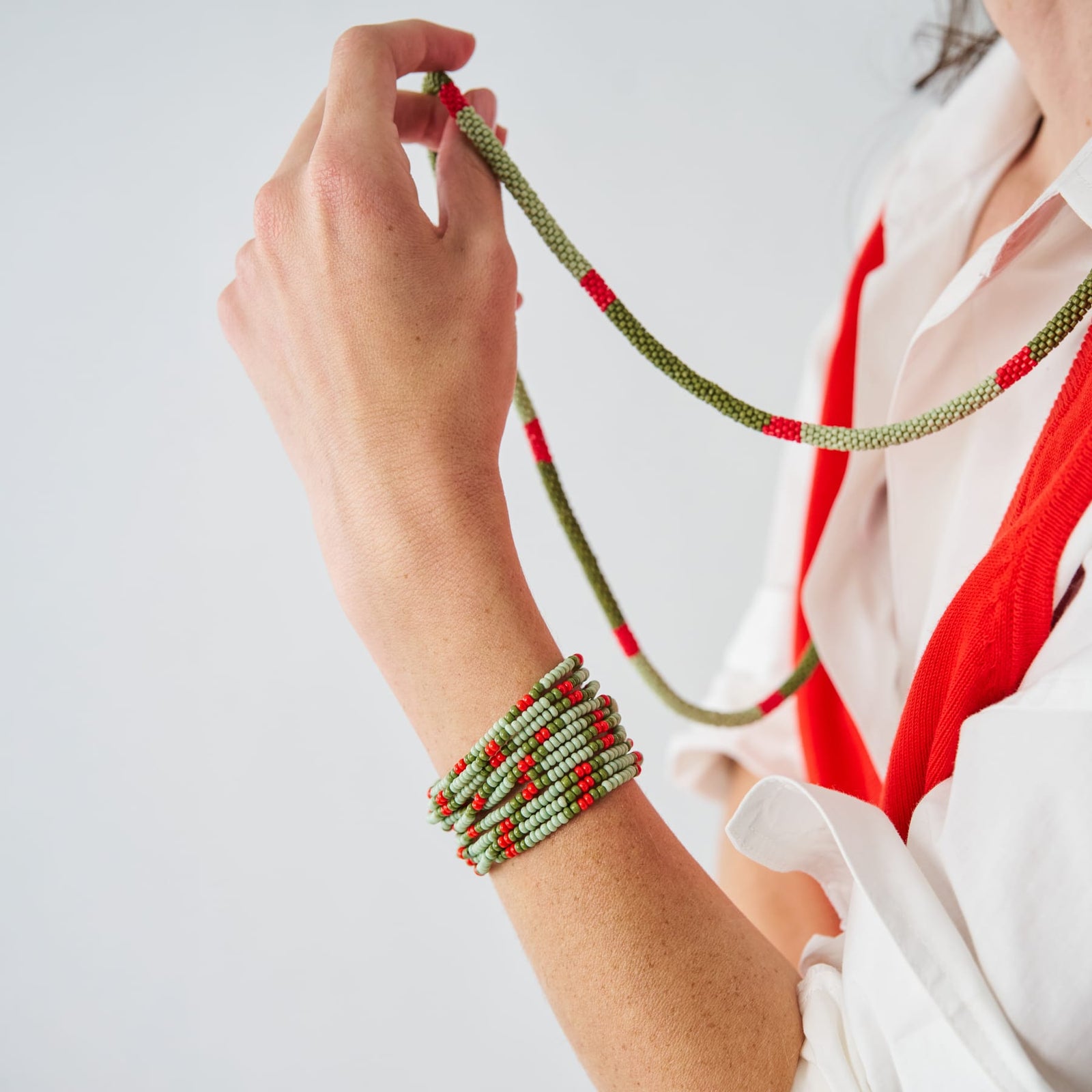Sage Beaded 10 Strand Stretch Bracelets Olive, Mint, + Red