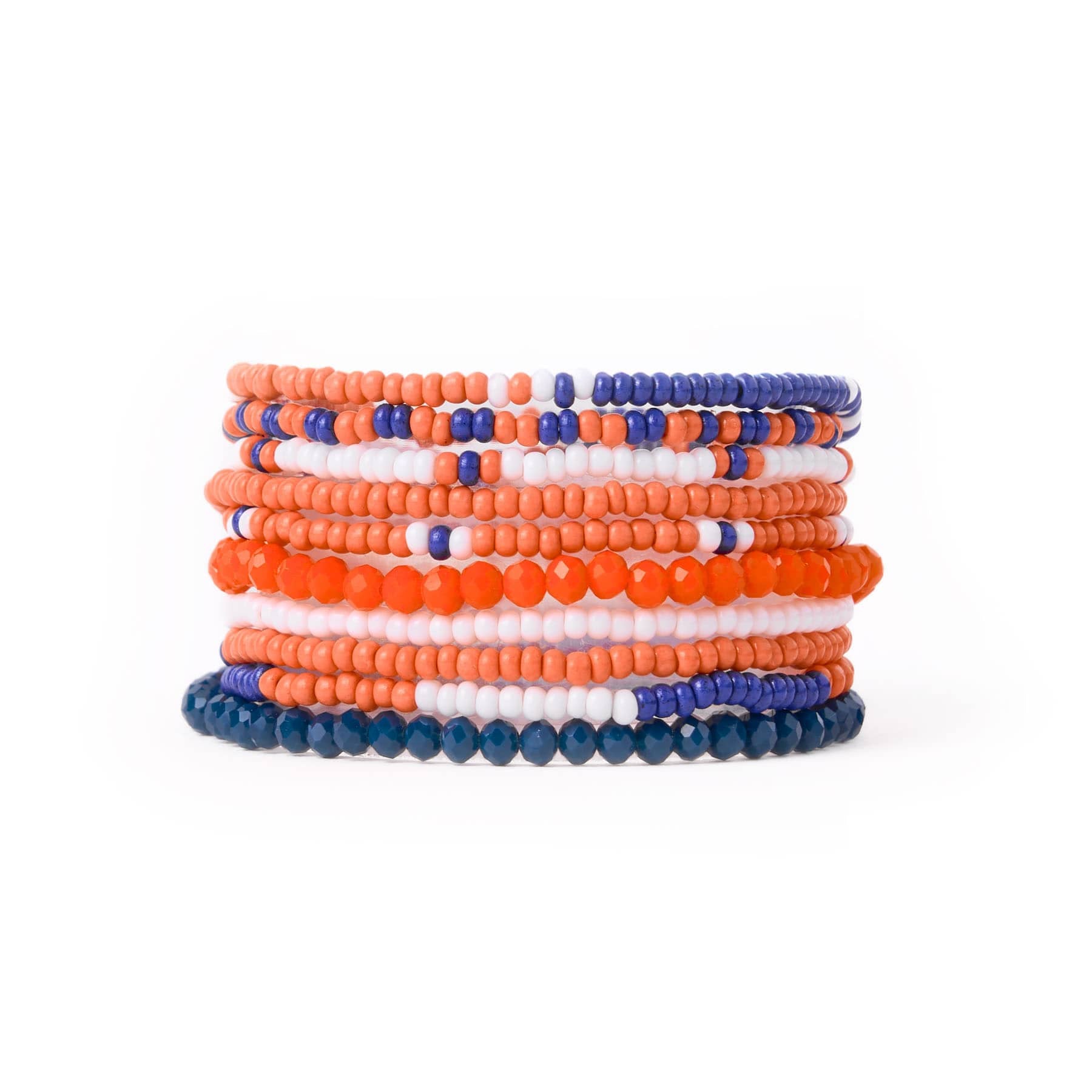 Game Day Color Block Beaded 10 Strand Stretch Bracelets Navy and Orange Wholesale