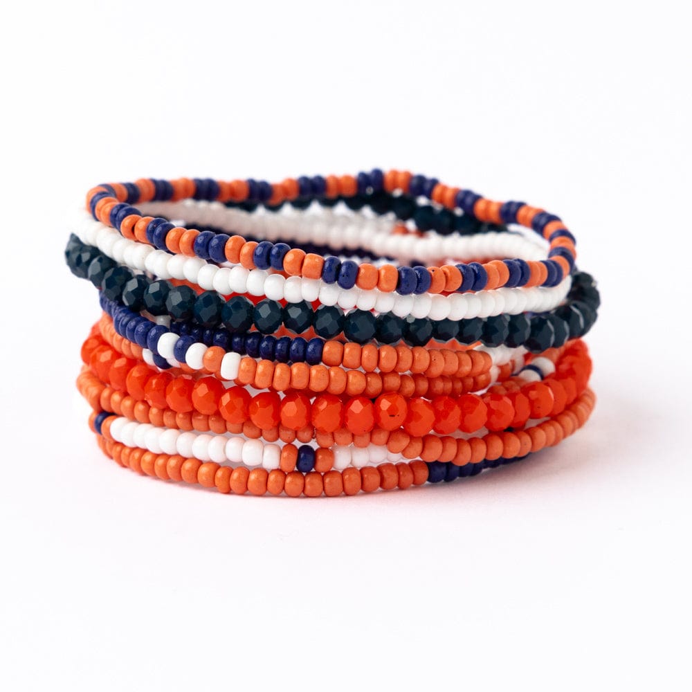 Game Day Color Block Beaded 10 Strand Stretch Bracelets Navy and Orange Wholesale