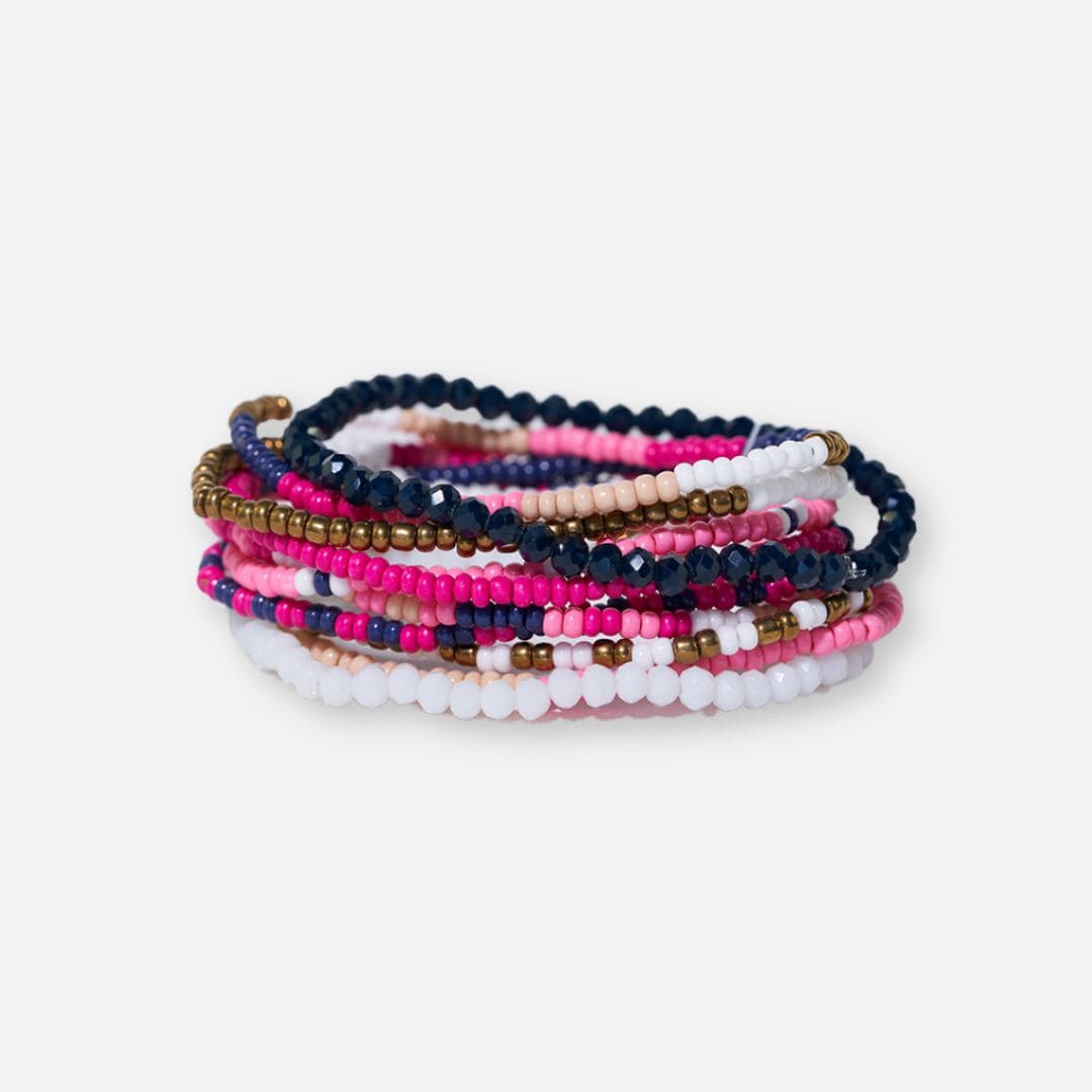 Sage Mixed Stripe Beaded 10 Strand Stretch Bracelets Hot Pink Wholesale