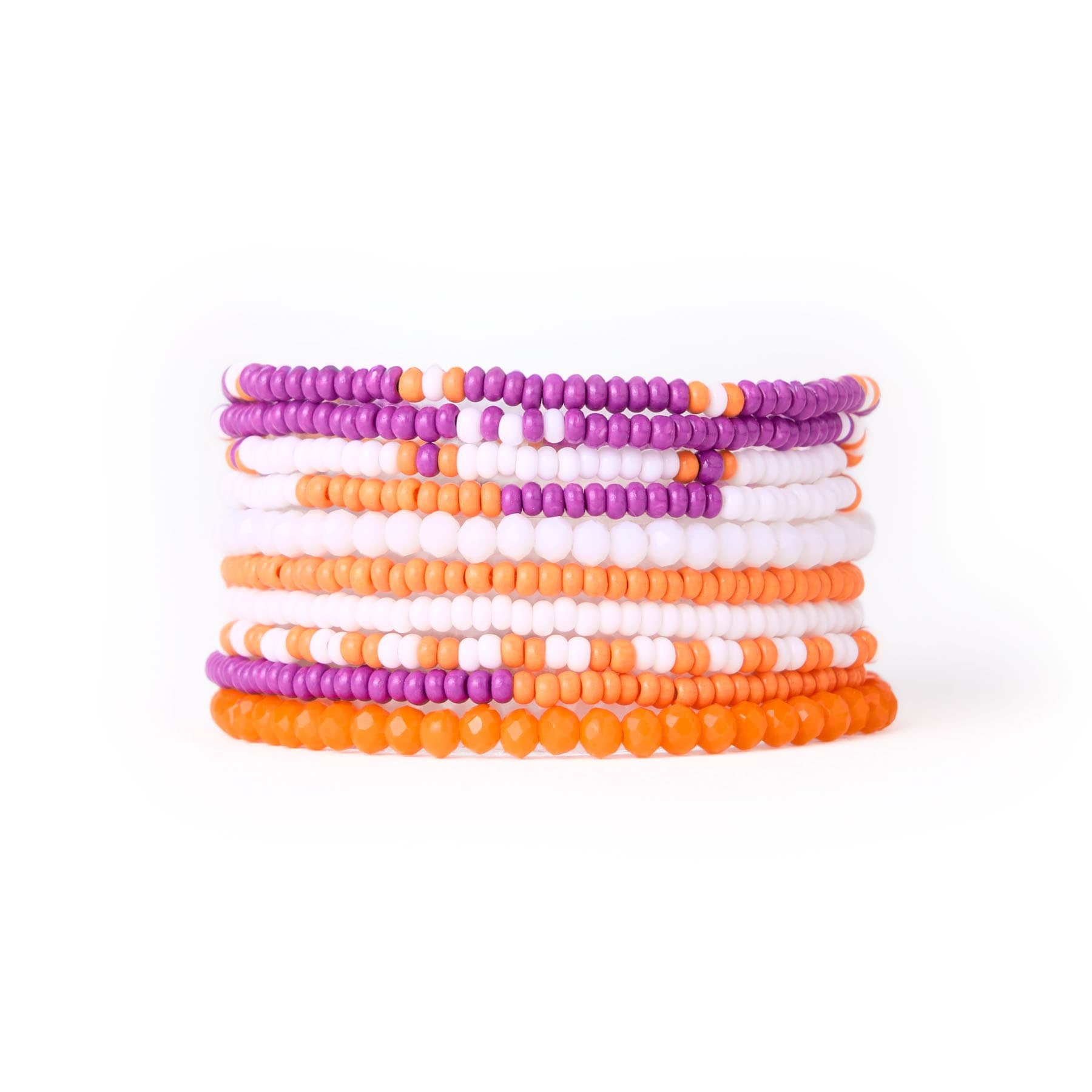 Game Day Color Block Beaded 10 Strand Stretch Bracelets Orange and Purple Wholesale