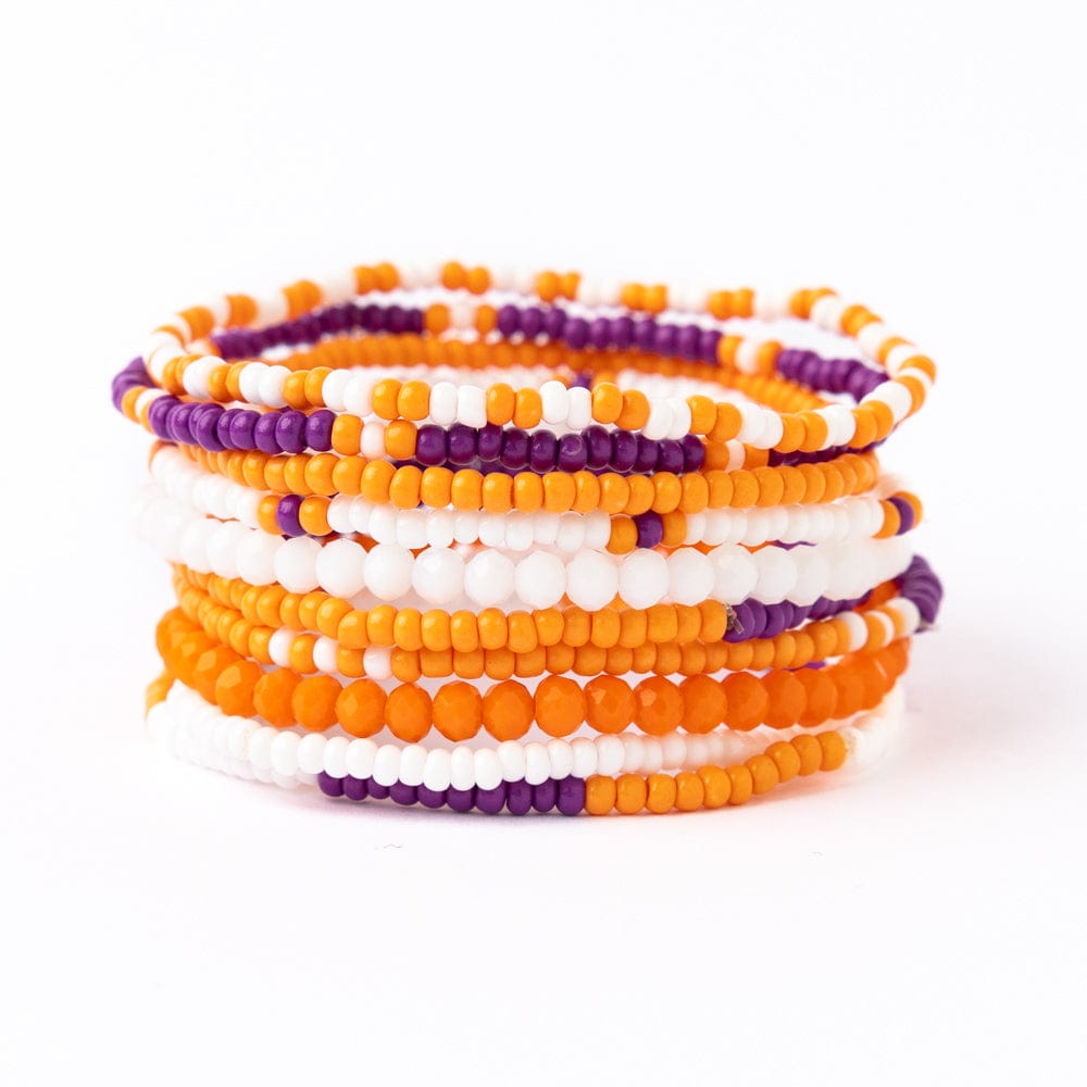 Game Day Color Block Beaded 10 Strand Stretch Bracelets Orange and Purple Wholesale