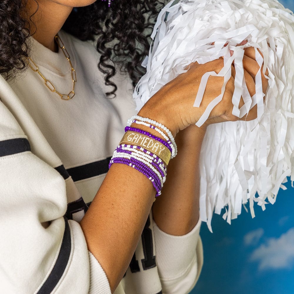 Game Day Color Block Beaded 10 Strand Stretch Bracelet Set Purple and White Wholesale