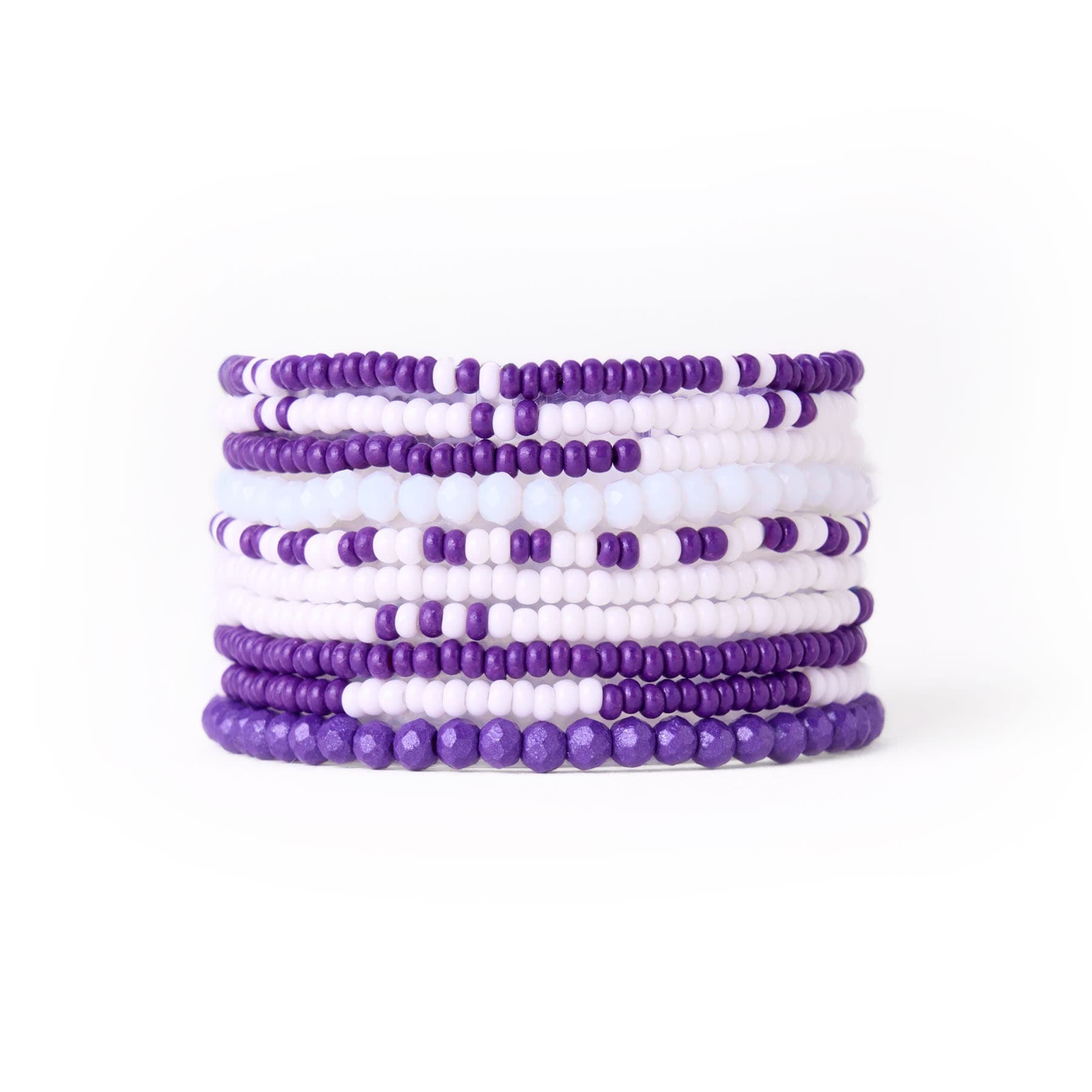 Game Day Color Block Beaded 10 Strand Stretch Bracelet Set Purple and White Wholesale