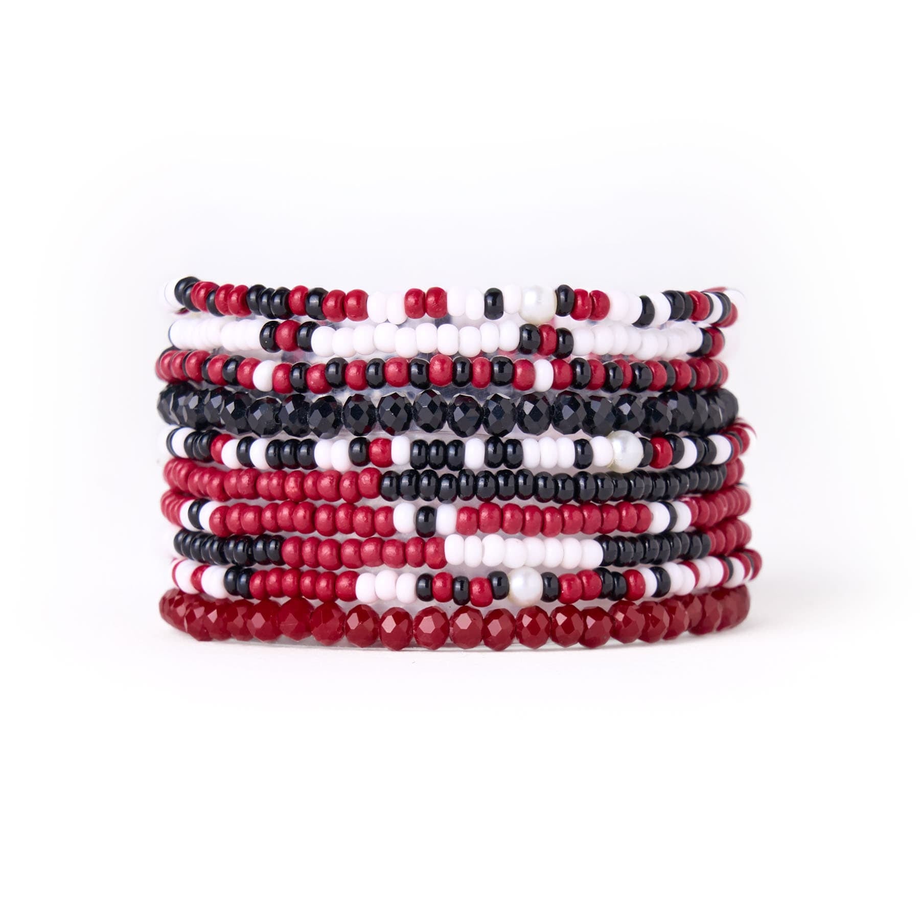 Game Day Beaded 10 Strand Stretch Bracelets Dark Red, Black, White Wholesale