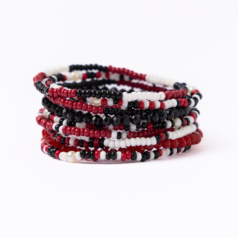 Game Day Beaded 10 Strand Stretch Bracelets Dark Red, Black, White Wholesale