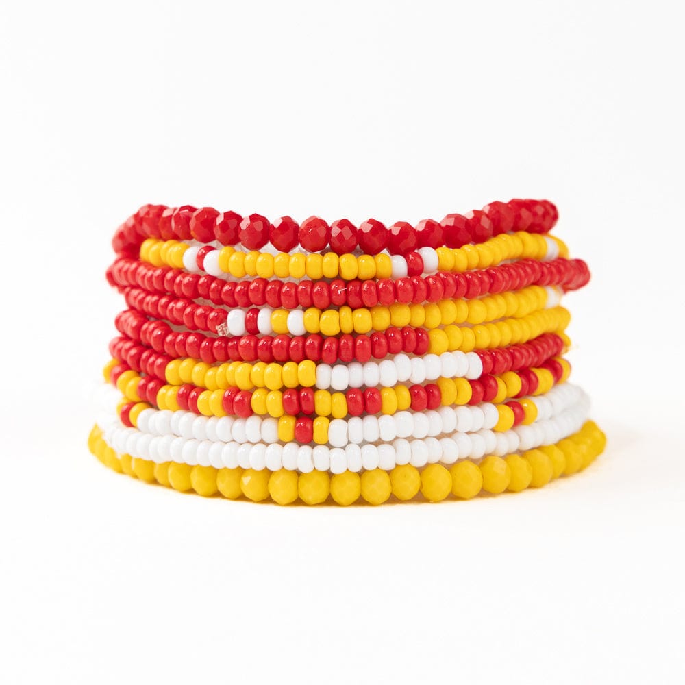 Game Day Color Block Beaded 10 Strand Stretch Bracelet Set Red and Yellow Wholesale