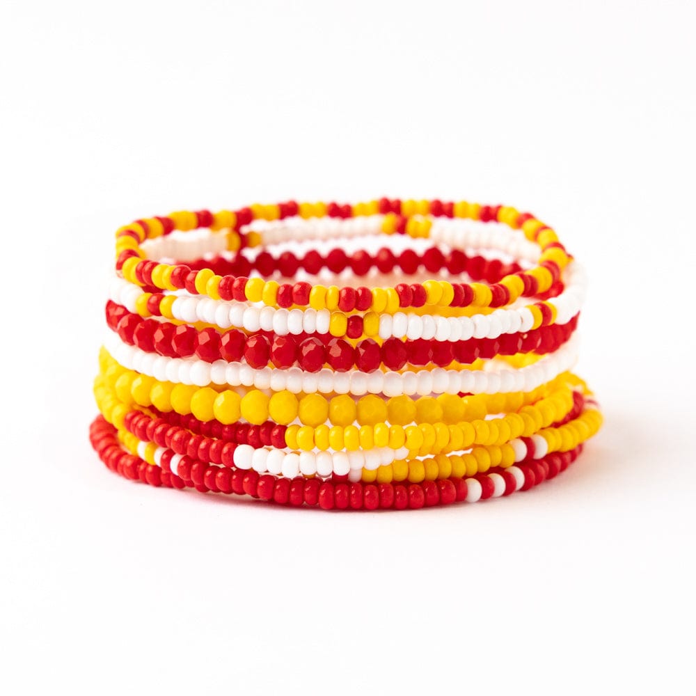 Game Day Color Block Beaded 10 Strand Stretch Bracelet Set Red and Yellow Wholesale