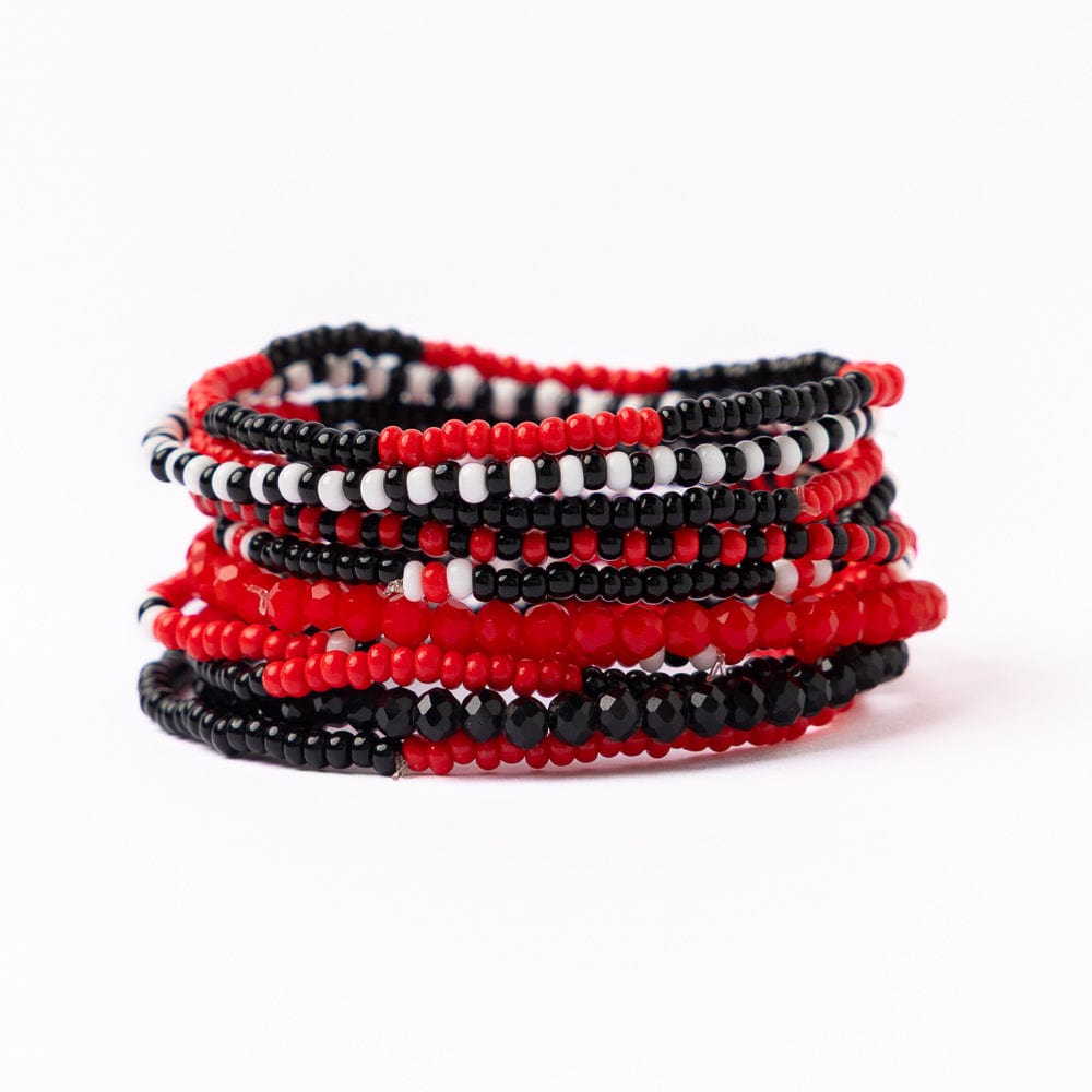 Game Day Beaded 10 Strand Stretch Bracelet Set Red + Black Wholesale