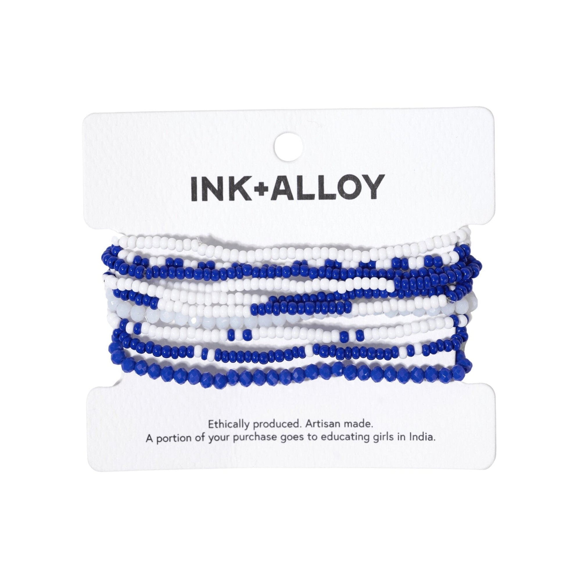 Sage color block beaded 10 strand stretch bracelets blue + white
