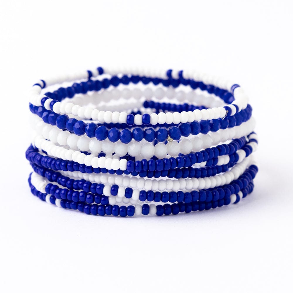 Game Day Color Block Beaded 10 Strand Stretch Bracelets Blue and White Wholesale
