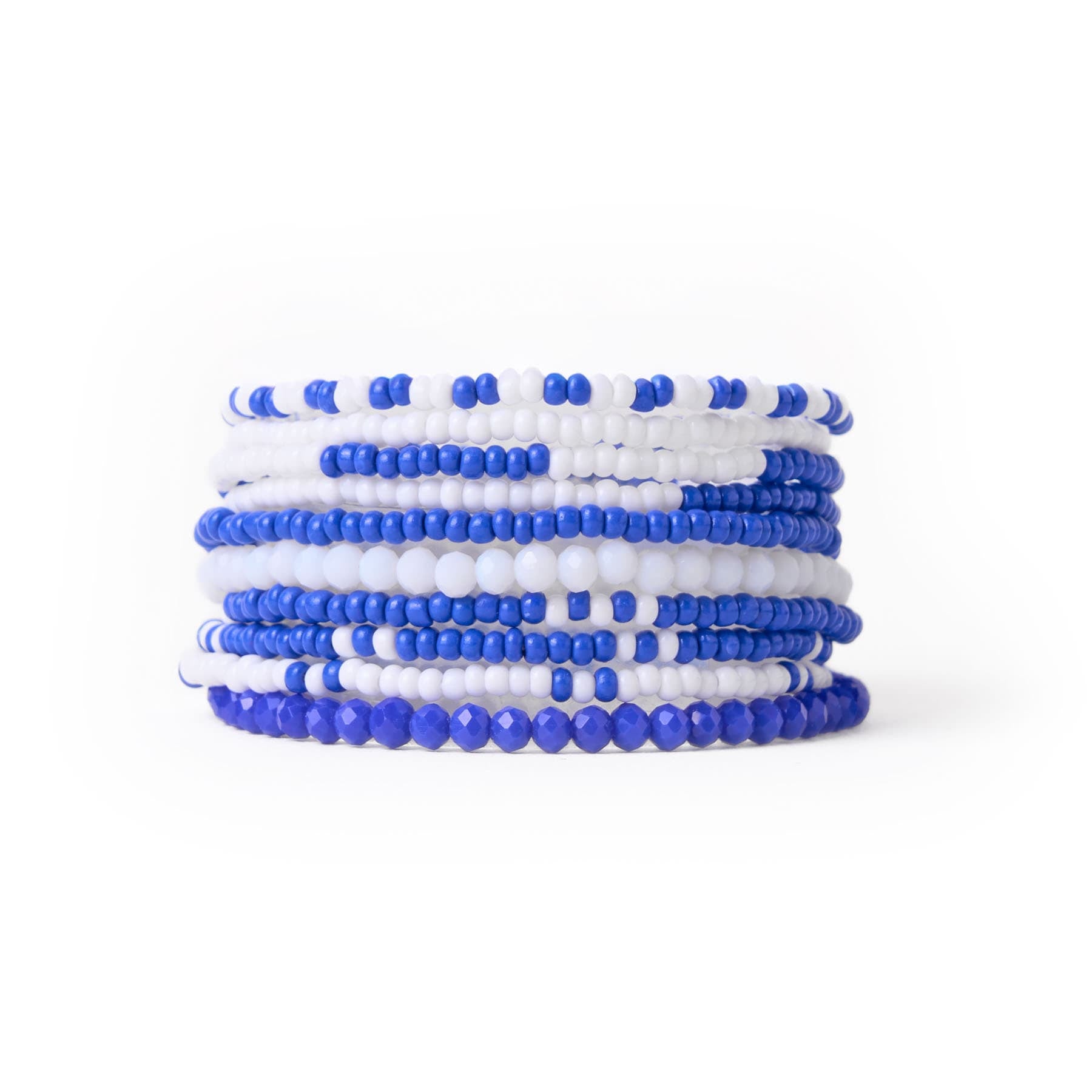 Game Day Color Block Beaded 10 Strand Stretch Bracelets Blue and White Wholesale
