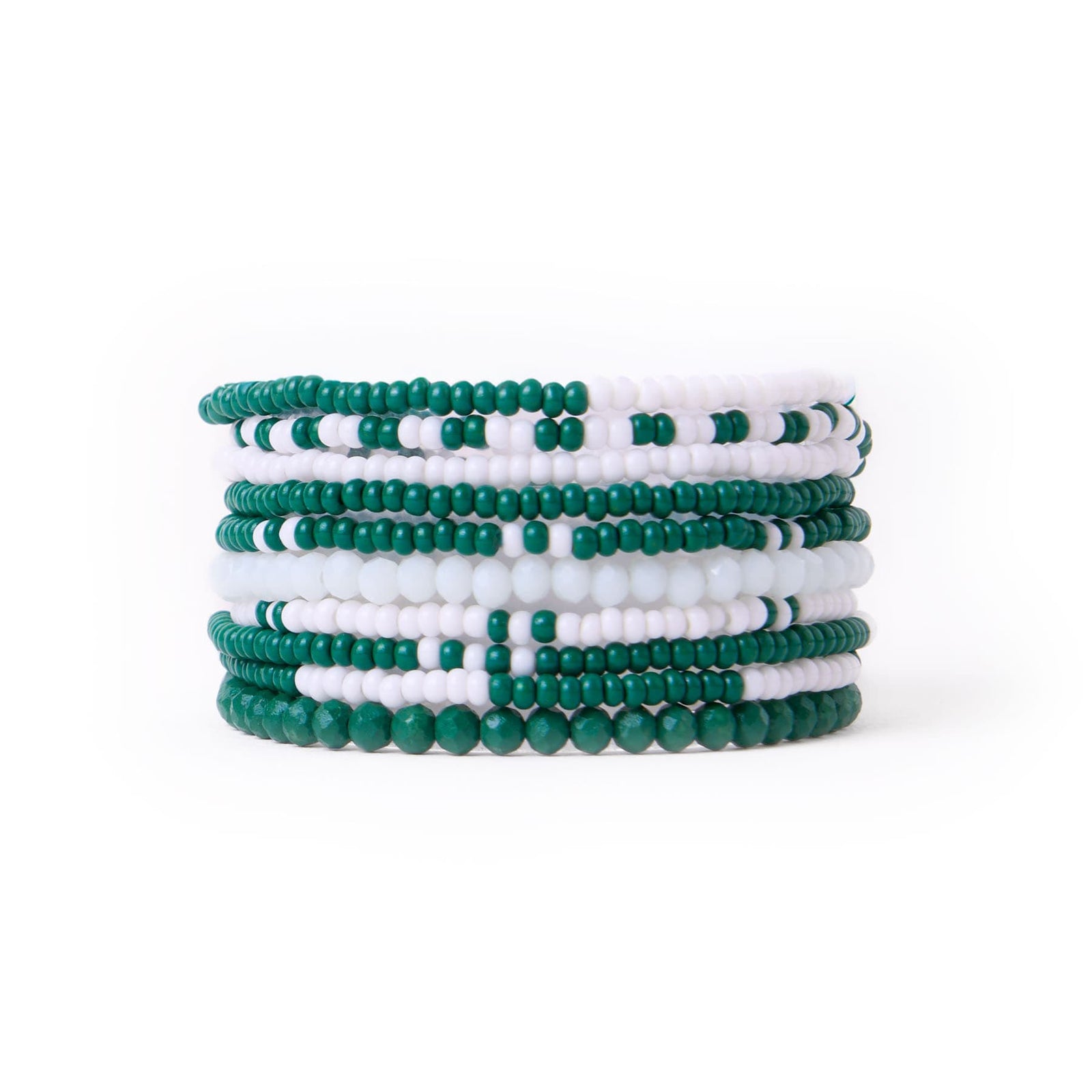 Game Day Color Block Beaded 10 Strand Stretch Bracelet Set Dark Green + White Wholesale