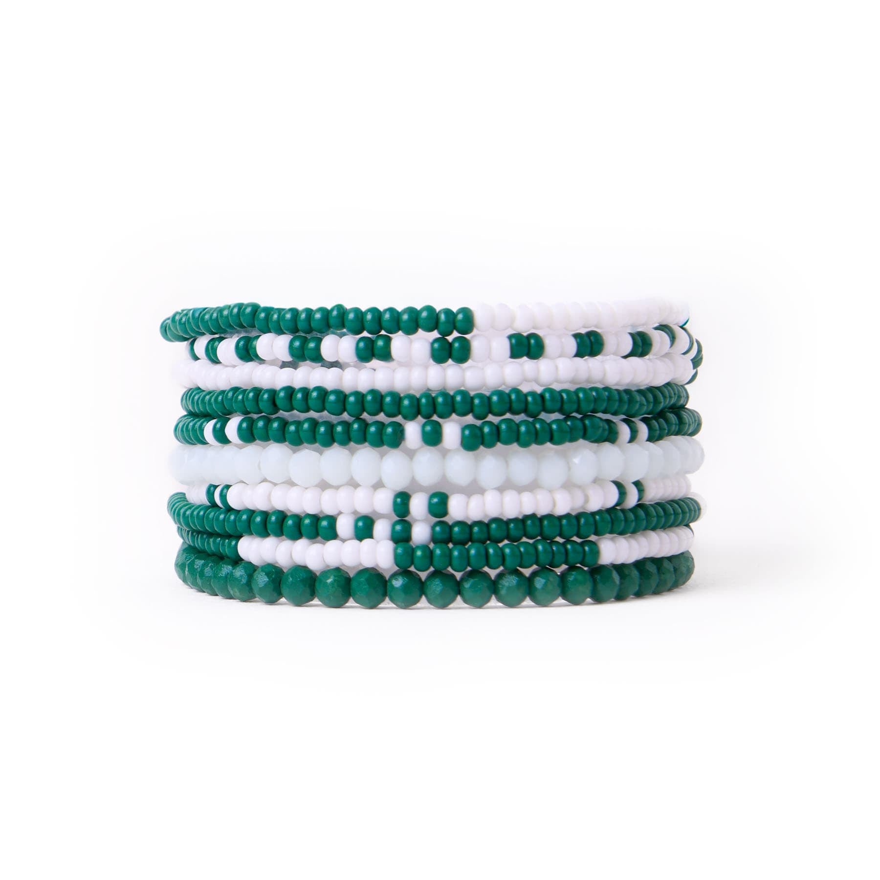 Game Day Color Block Beaded 10 Strand Stretch Bracelet Set Dark Green + White Wholesale