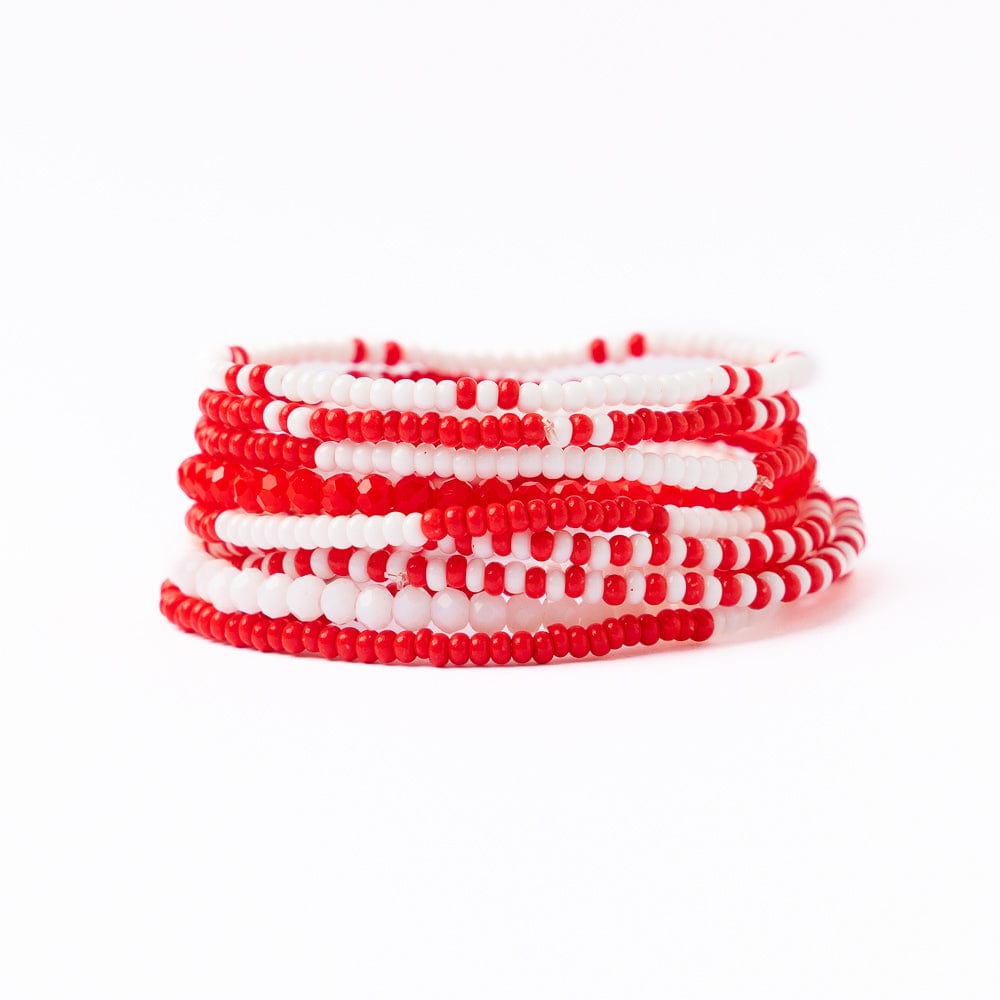 Game Day Beaded 10 Strand Stretch Bracelet Set Red + White Wholesale