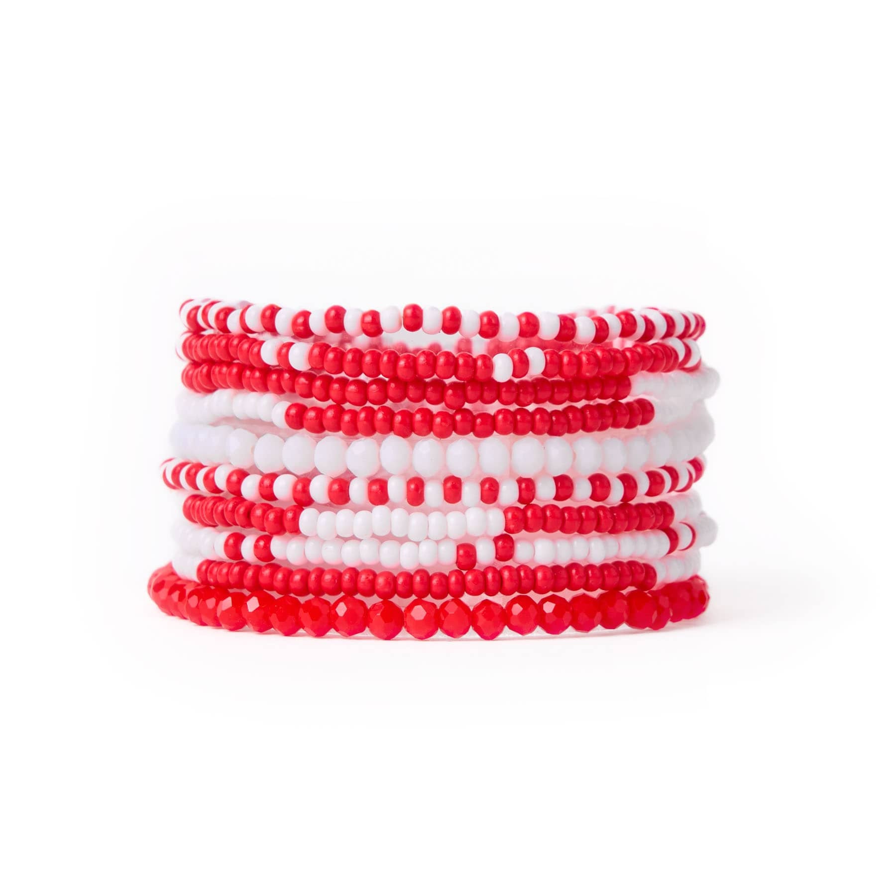 Game Day Beaded 10 Strand Stretch Bracelet Set Red + White Wholesale