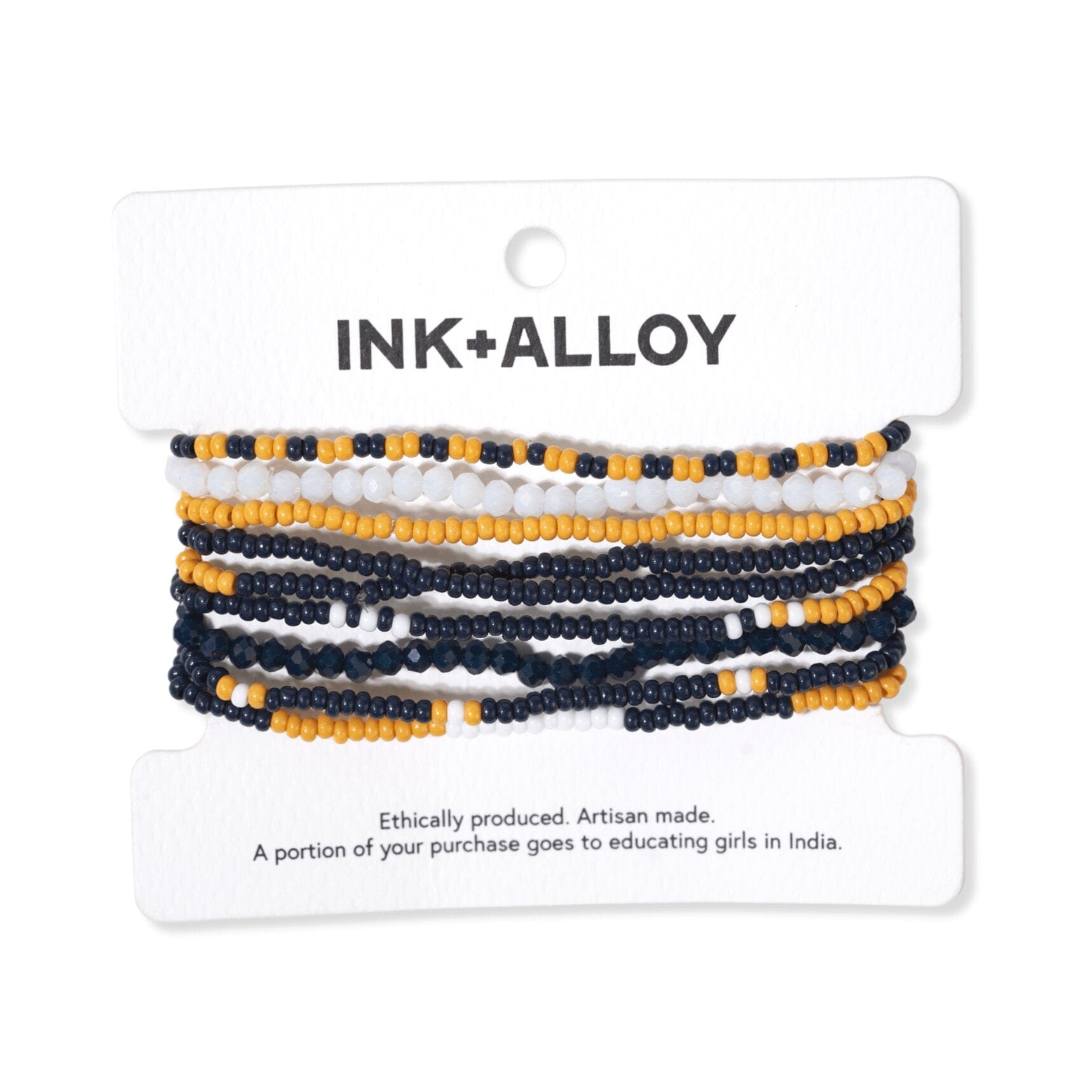 Sage color block beaded 10 strand stretch bracelets navy + yellow