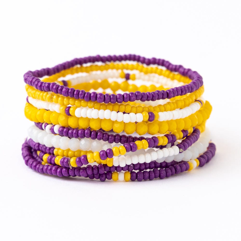 Game Day Color Block Beaded 10 Strand Stretch Bracelets Purple and Yellow Wholesale