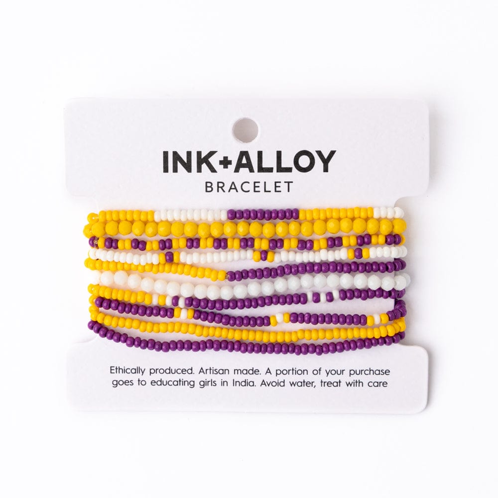 Game Day Color Block Beaded 10 Strand Stretch Bracelets Purple and Yellow Wholesale