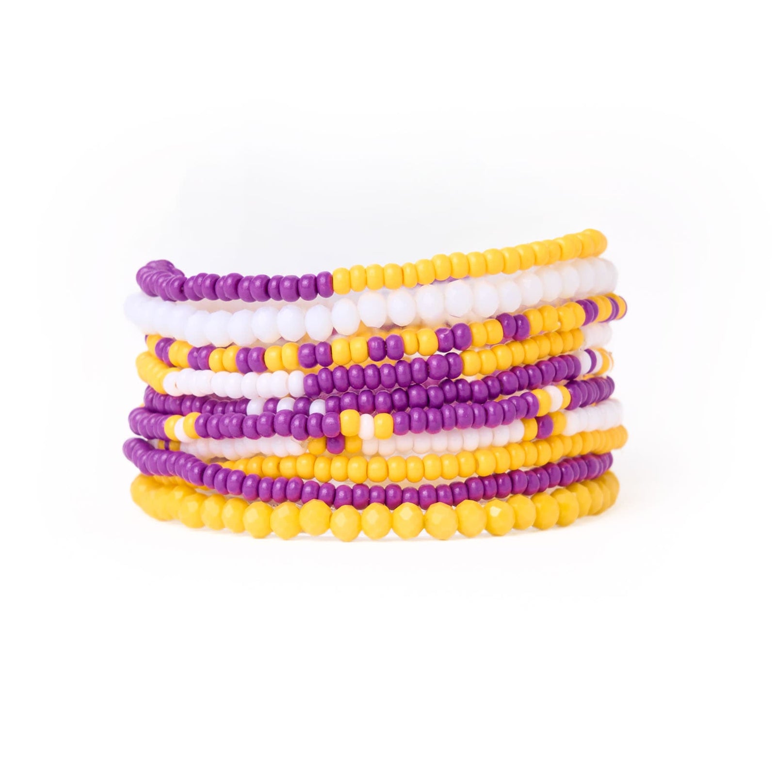 Game Day Color Block Beaded 10 Strand Stretch Bracelets Purple and Yellow Wholesale