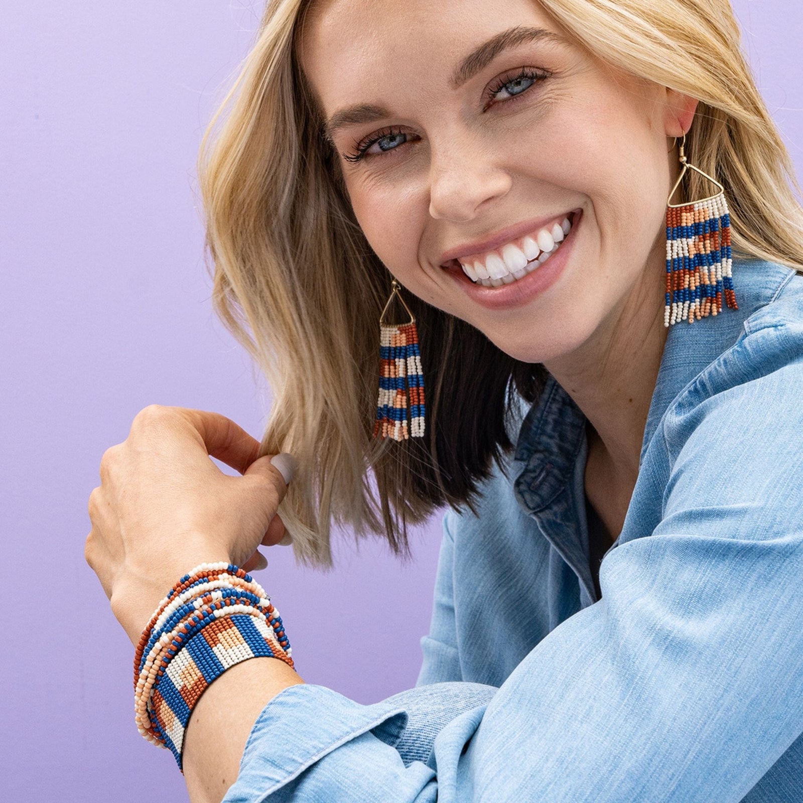 Kendall Quilted Beaded Stretch Bracelet Rust and Blue Wholesale