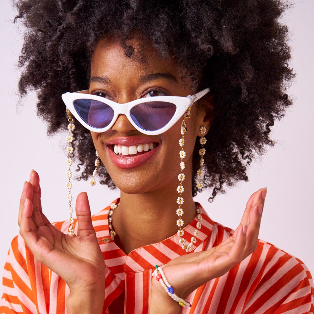 Polly Beaded Eyeglass Chain White + Yellow Flowers Wholesale