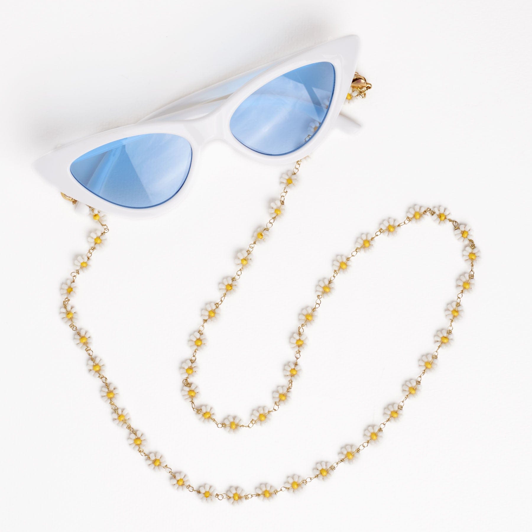 Polly Beaded Eyeglass Chain White + Yellow Flowers Wholesale