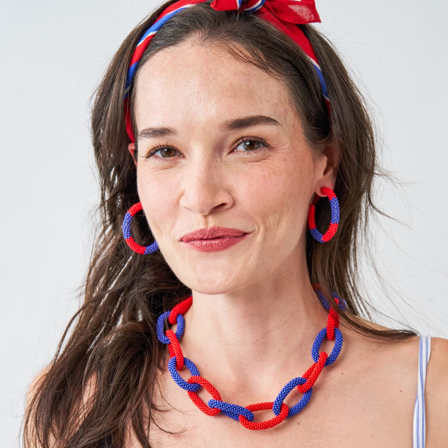 Game Day Beaded Color Block Hoop Earrings Red + Blue Wholesale