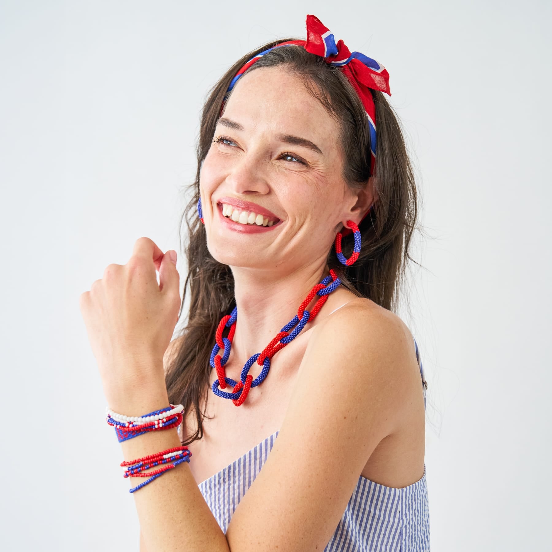 Game Day Beaded Color Block Hoop Earrings Red + Blue Wholesale