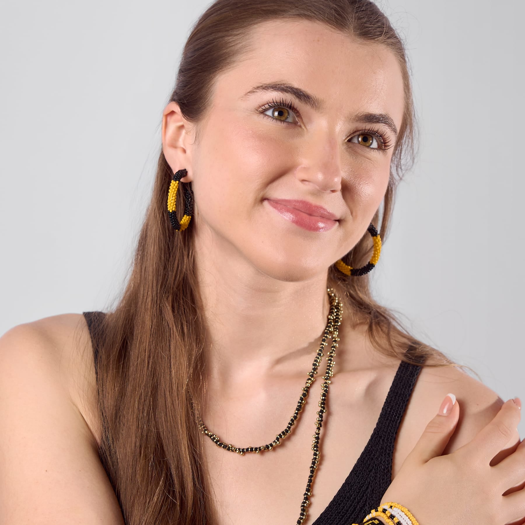 Game Day Beaded Color Block Hoop Earrings Black + Yellow Wholesale