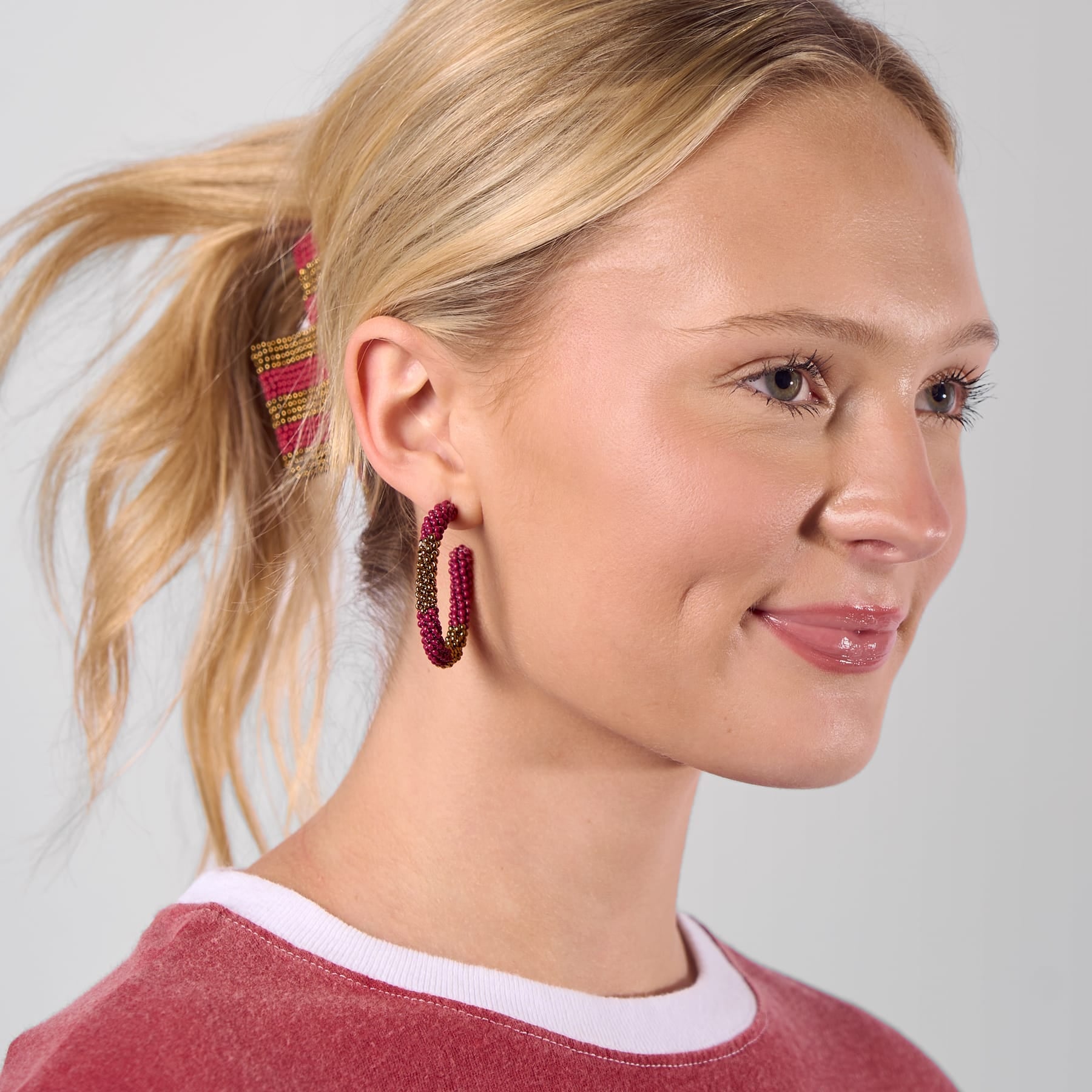 Game Day Beaded Color Block Hoop Earrings Garnet + Gold Wholesale