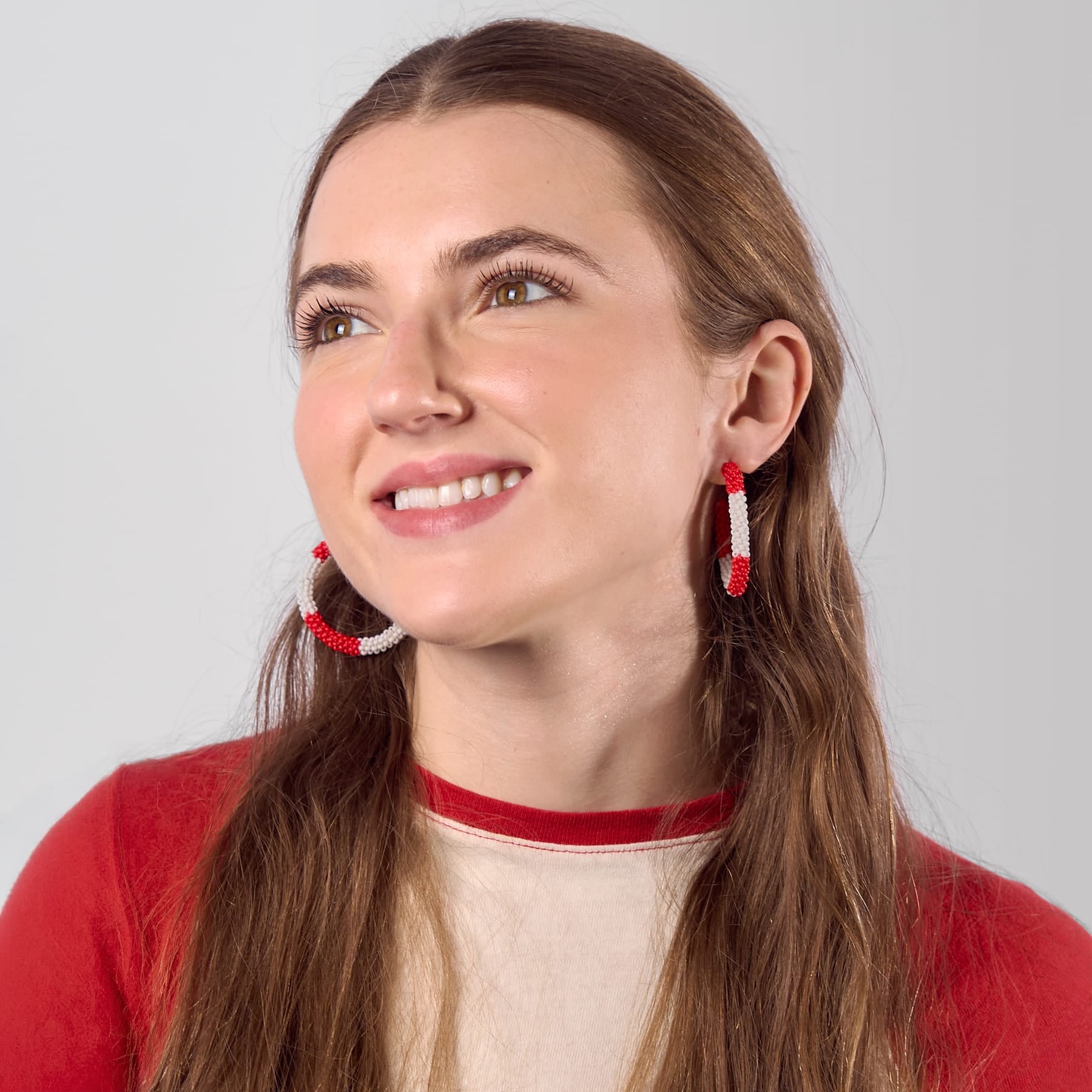 Game Day Beaded Color Block Hoop Earrings Red + White Wholesale