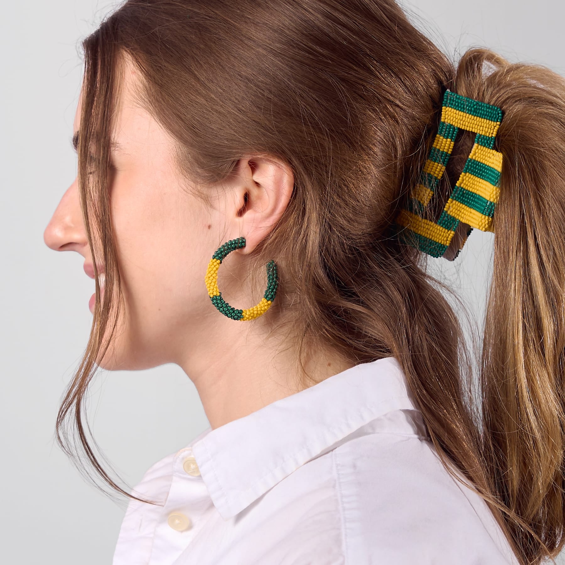 Game Day Beaded Color Block Hoop Earrings Green + Yellow Wholesale