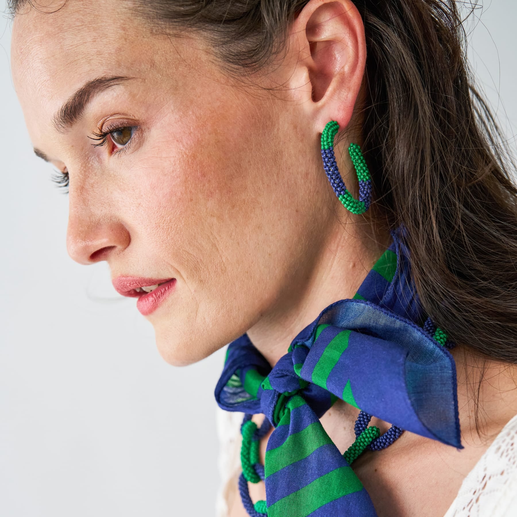 Game Day Beaded Color Block Hoop Earrings Navy + Green Wholesale
