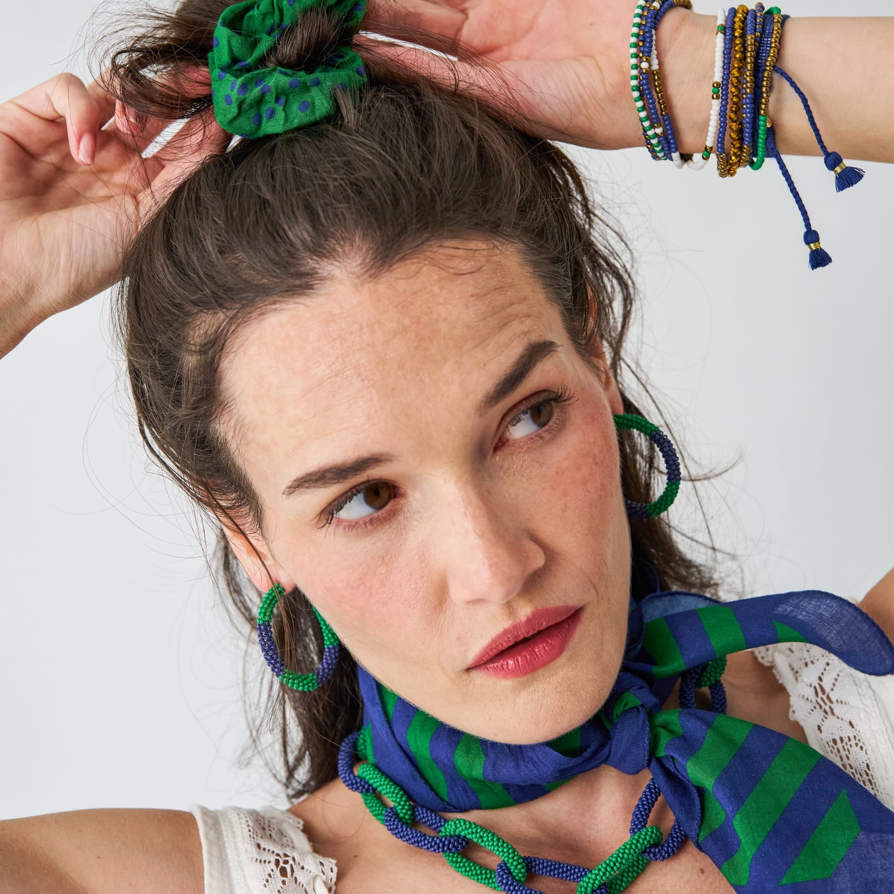 Game Day Beaded Color Block Hoop Earrings Navy + Green Wholesale