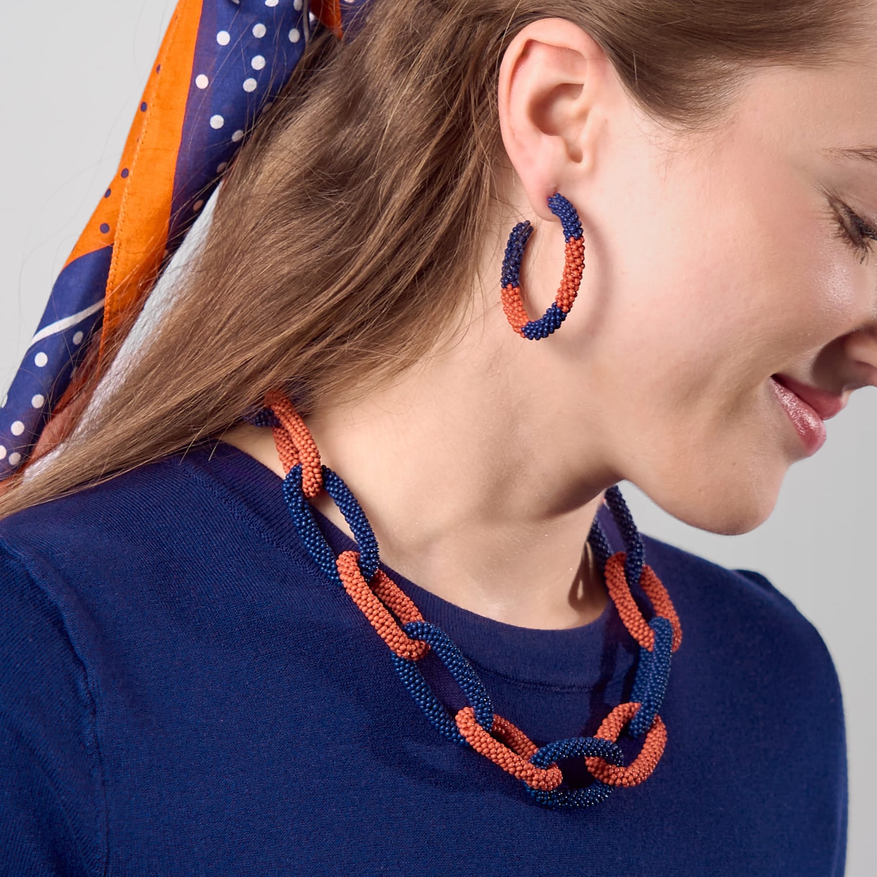 Game Day Beaded Color Block Hoop Earrings Navy + Orange Wholesale