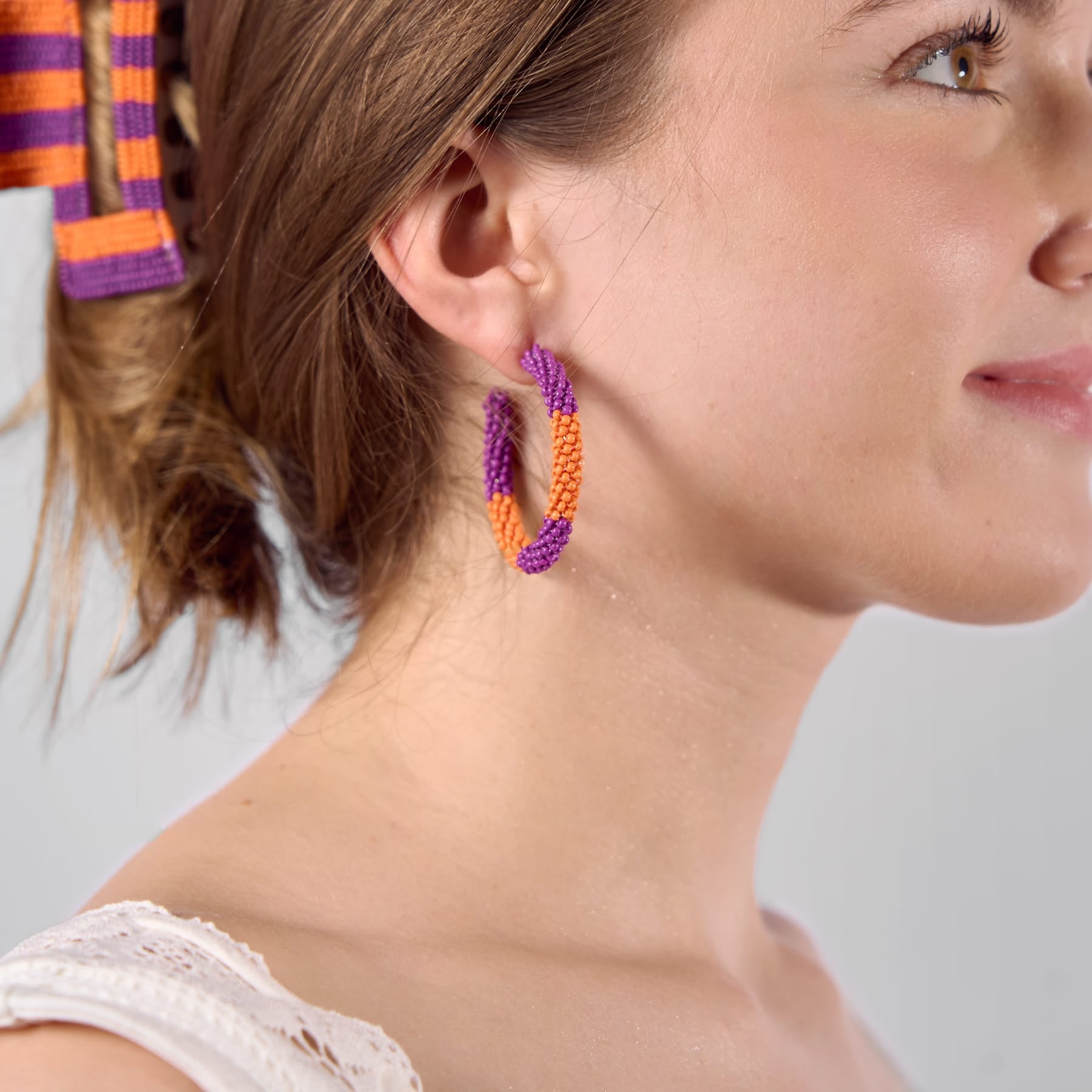 Game Day Beaded Color Block Hoop Earrings Purple + Orange Wholesale