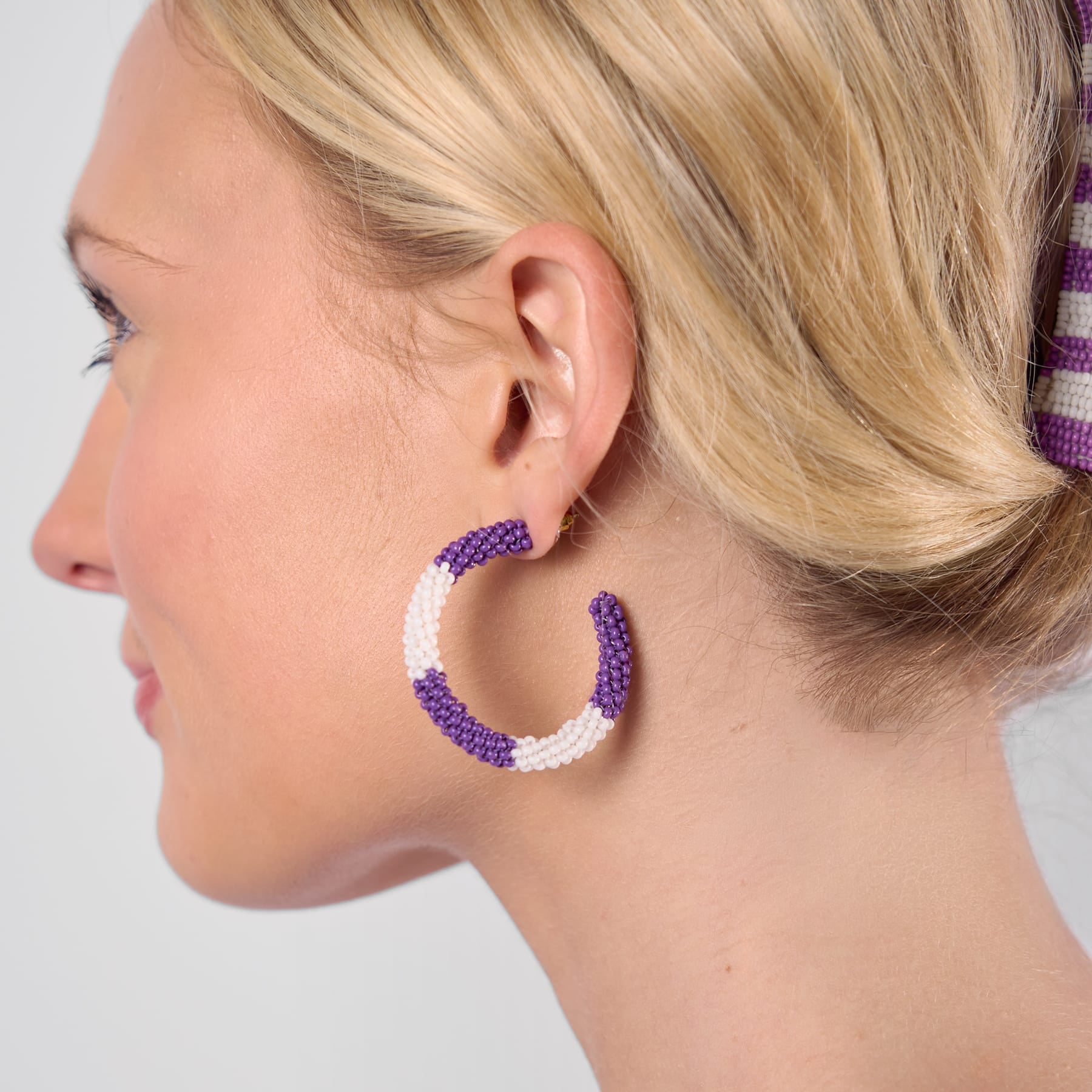 Game Day Beaded Color Block Hoop Earrings Purple + White Wholesale